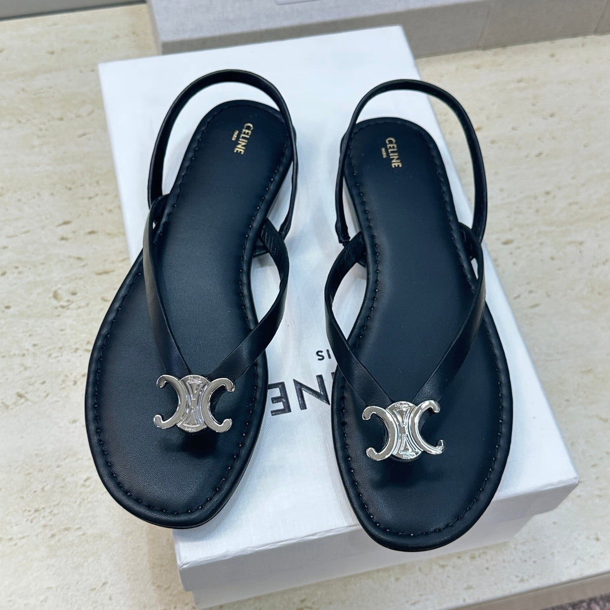Celine 26s Thong Sandals Black Calfskin 602479