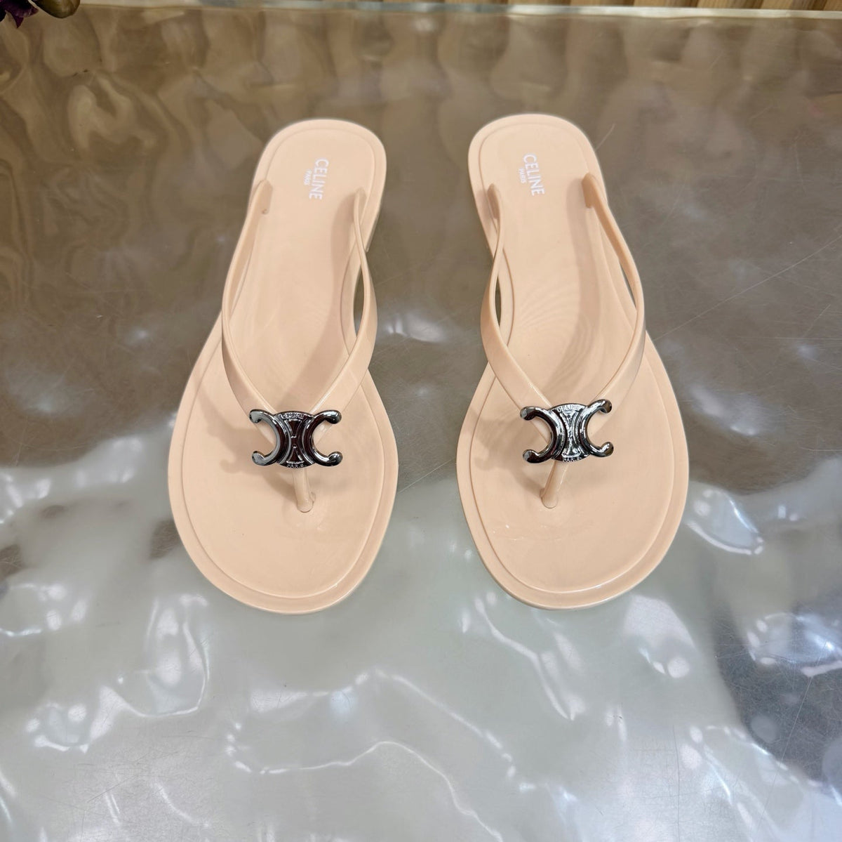 Celine 26s Triomphe Thong Sandals Nude Beige TPU Silver Hardware 249715