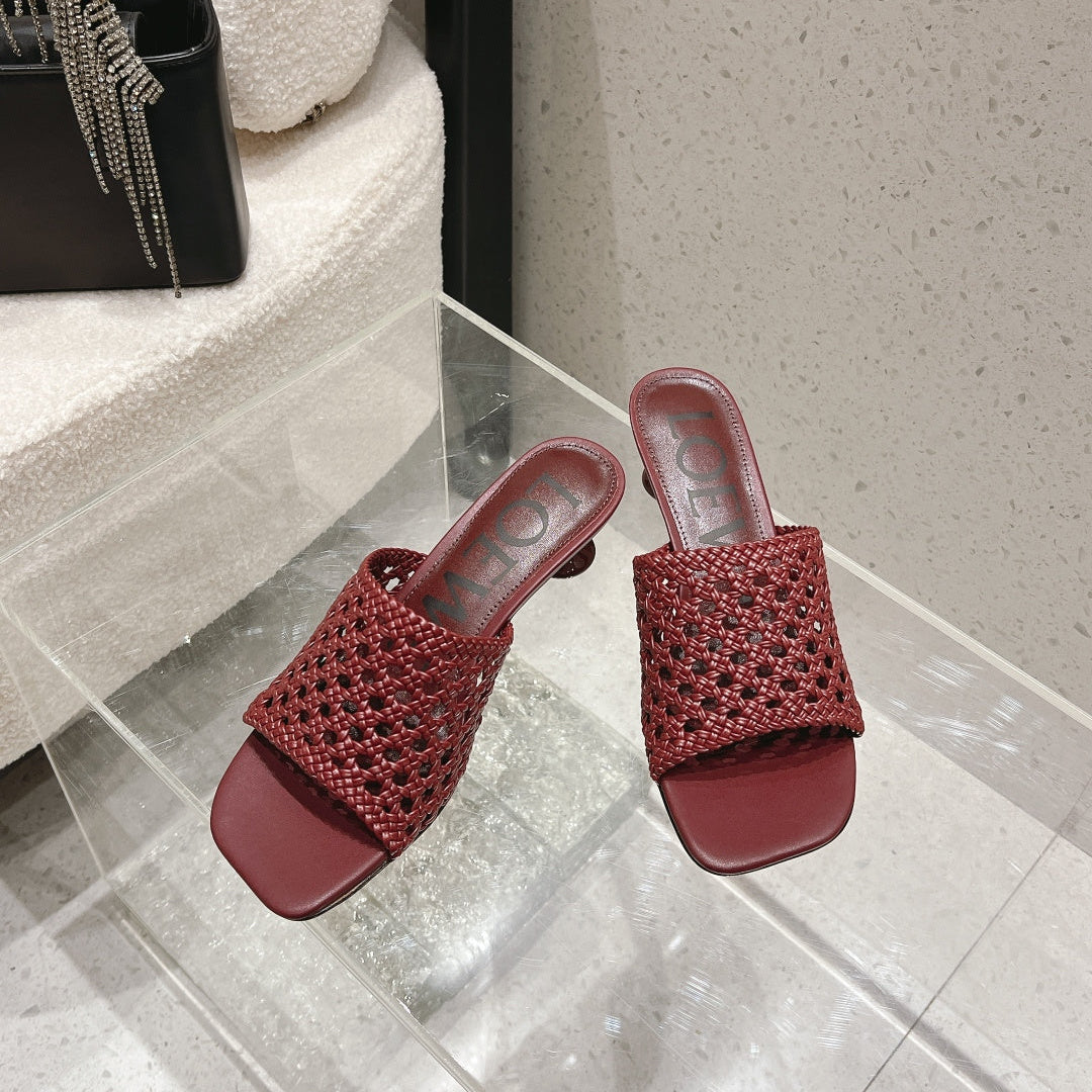 Loewe 26S Woven Heel Sandals 50 mm In Dark Red Lambskin