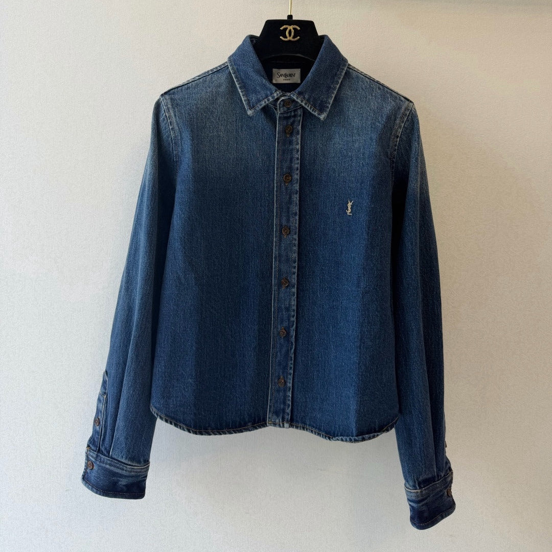 YSL 26FW Cassandre Denim Shirt Blue Denim Cotton 440371