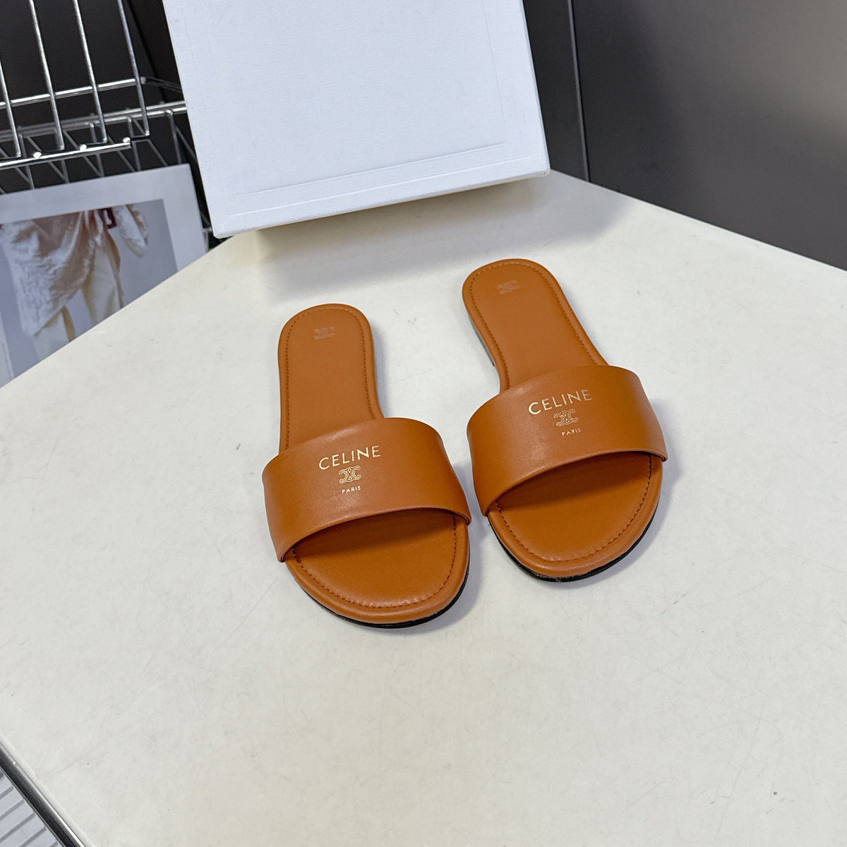 Celine 26s Flat Slides Tan Brown Lambskin 418296