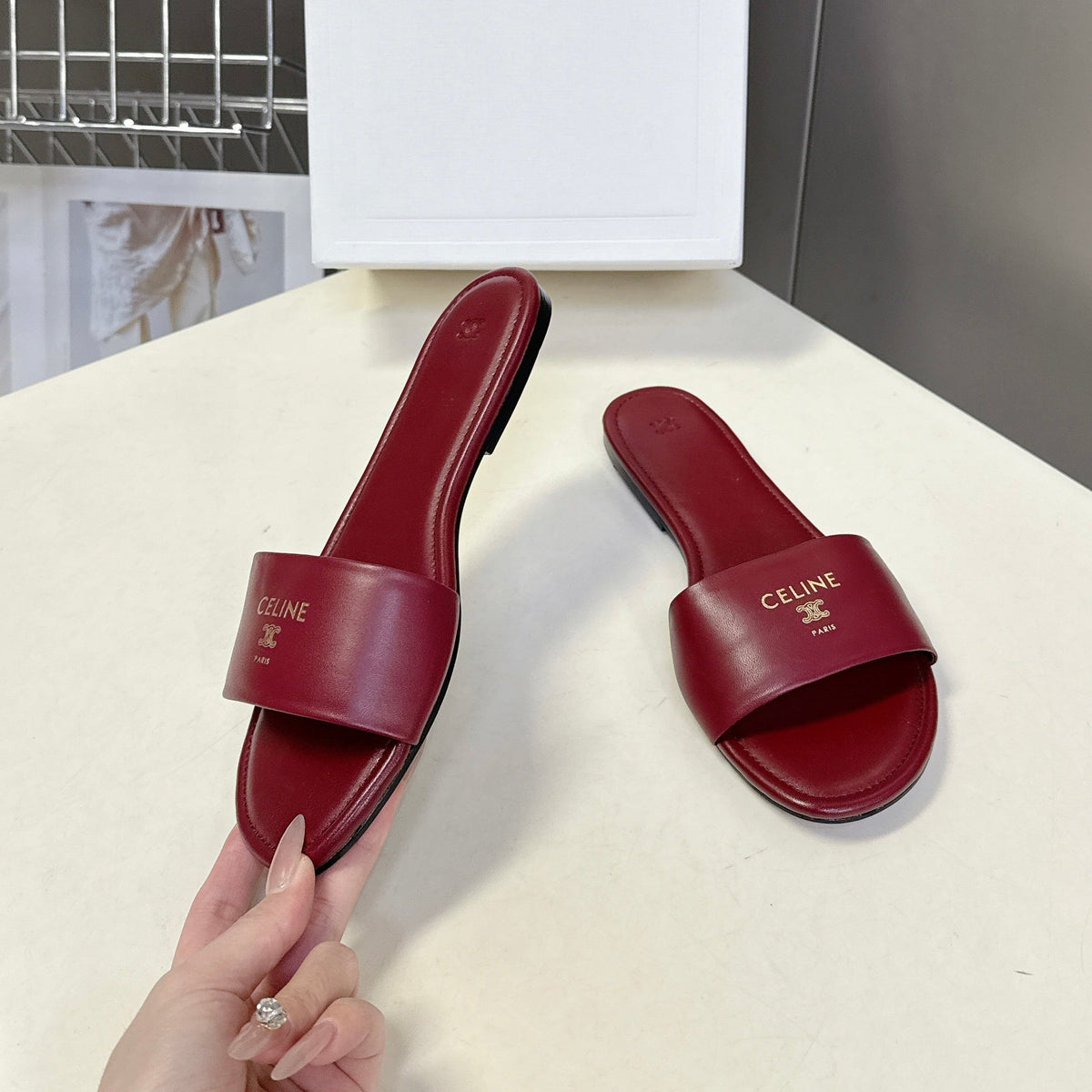 Celine 26s Flat Slides Burgundy Red Lambskin 928351