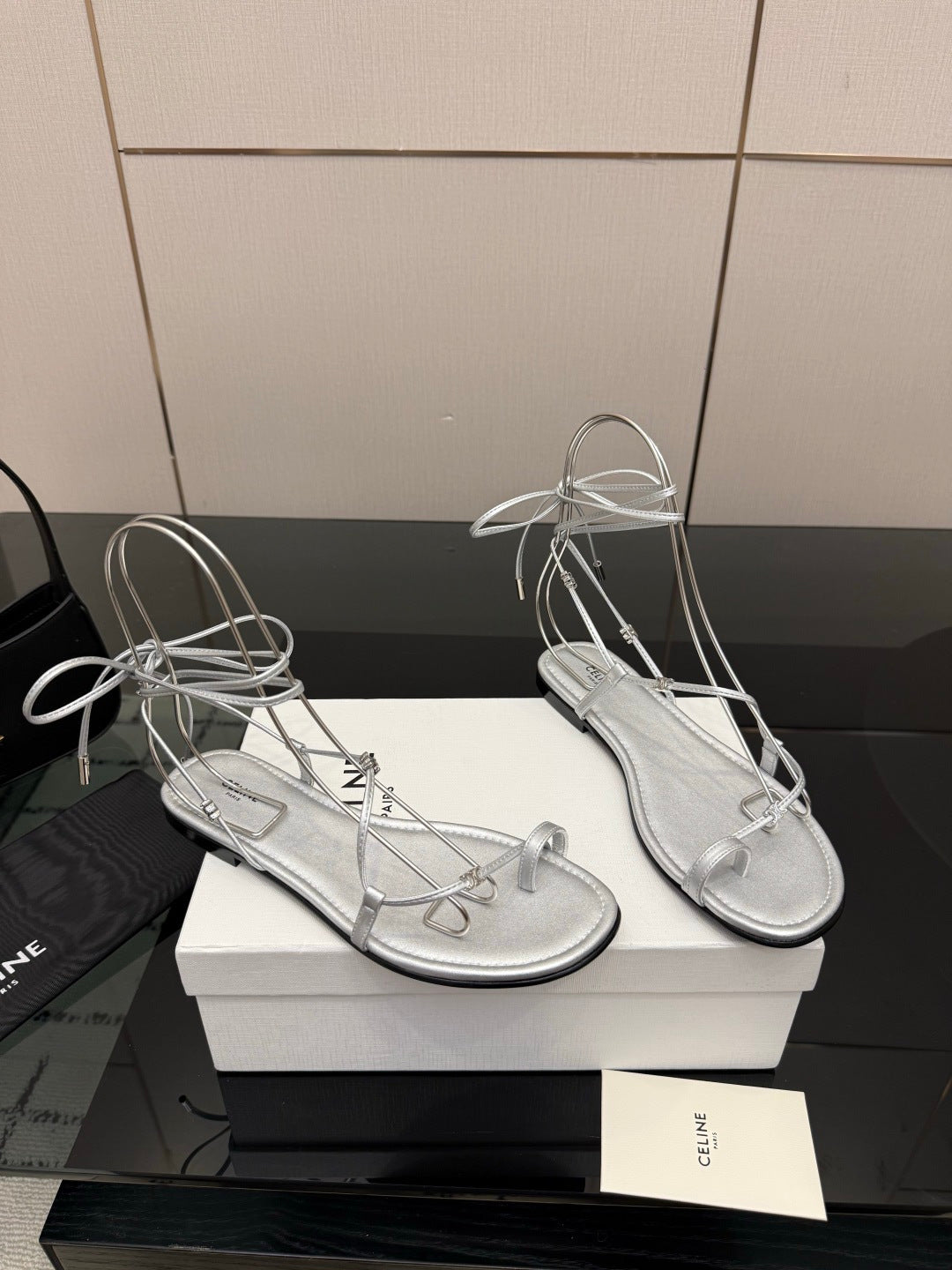 Celine 26s Triomphe Lace Up Flat Sandals Silver Calfskin 417392