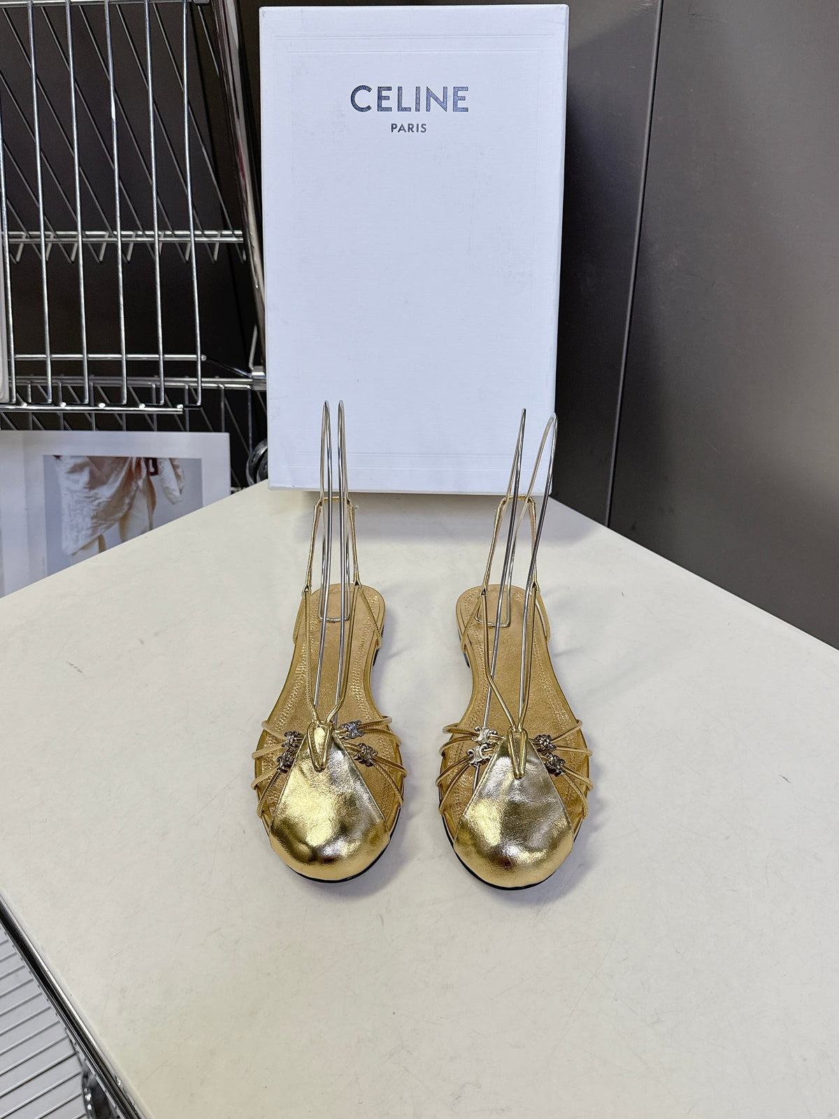 Celine 26s Triomphe Lace Up Ankle Strap Flat Sandals Gold Calfskin 395168