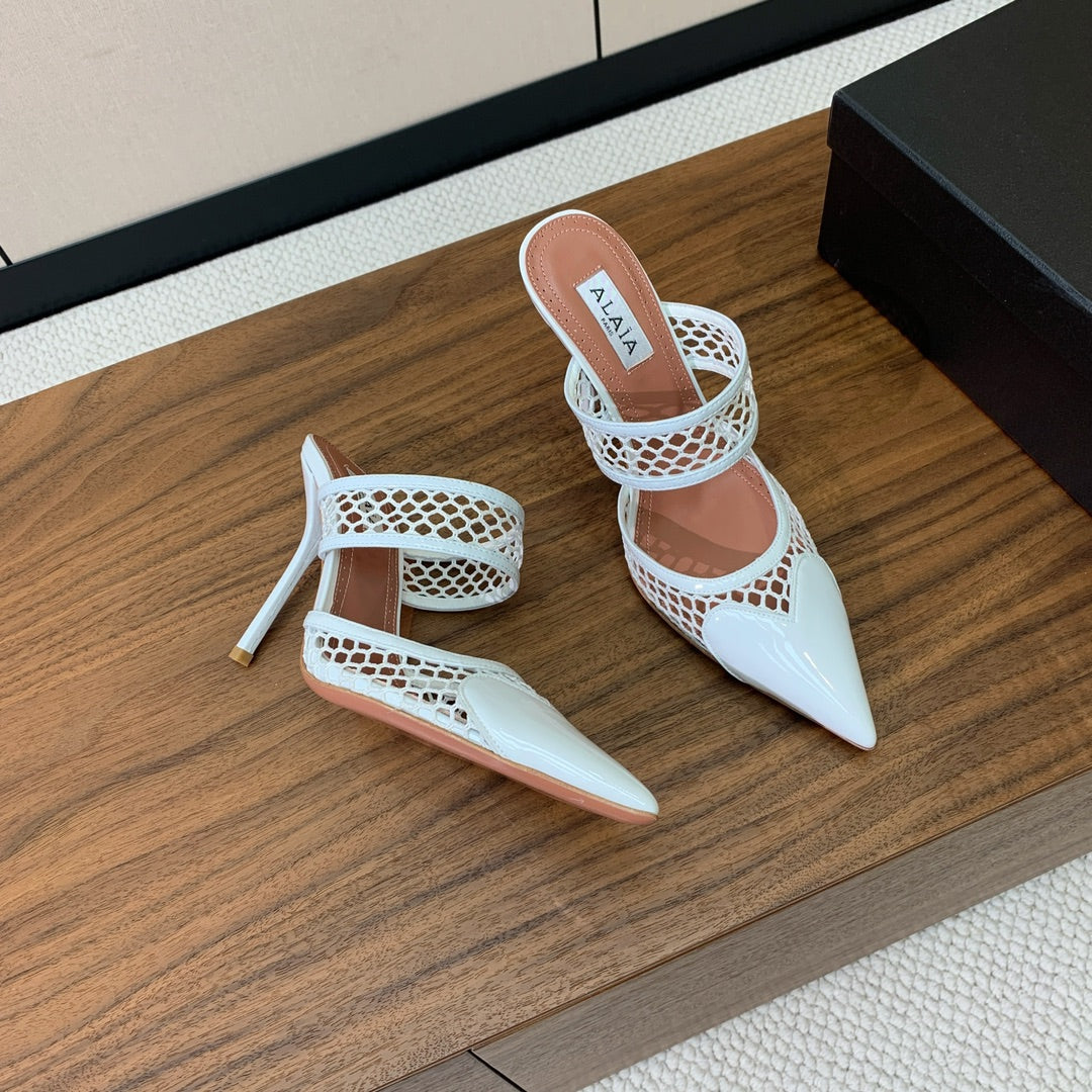 Alaia 26FW Heart High Heels 10.5cm Patent Leather Mesh 189534