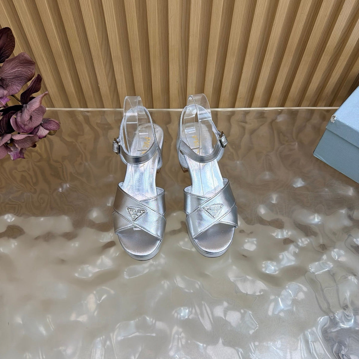 Prada 26S Block Heel Sandals 7.5cm Silver Calfskin