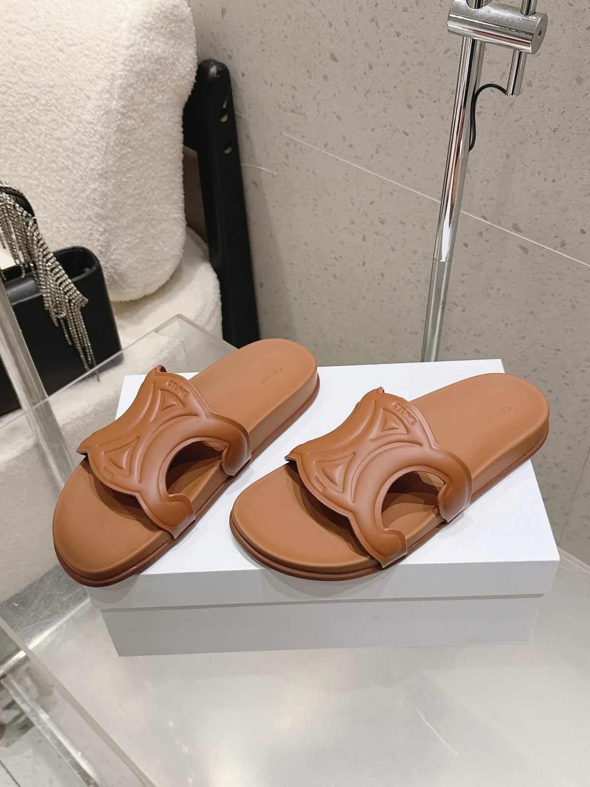 Celine 26s Triomphe Slides Brown Calfskin 394815