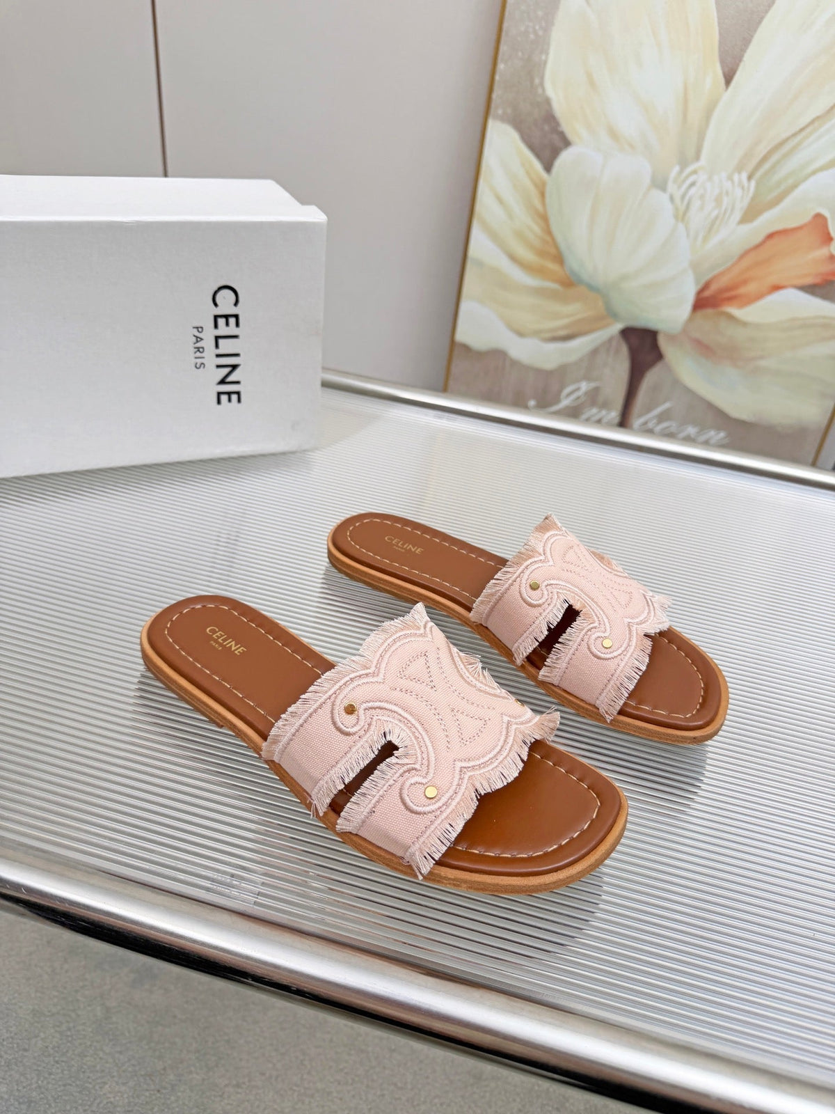 Celine 26s Triomphe Slide Sandals Blush Pink Canvas 831429