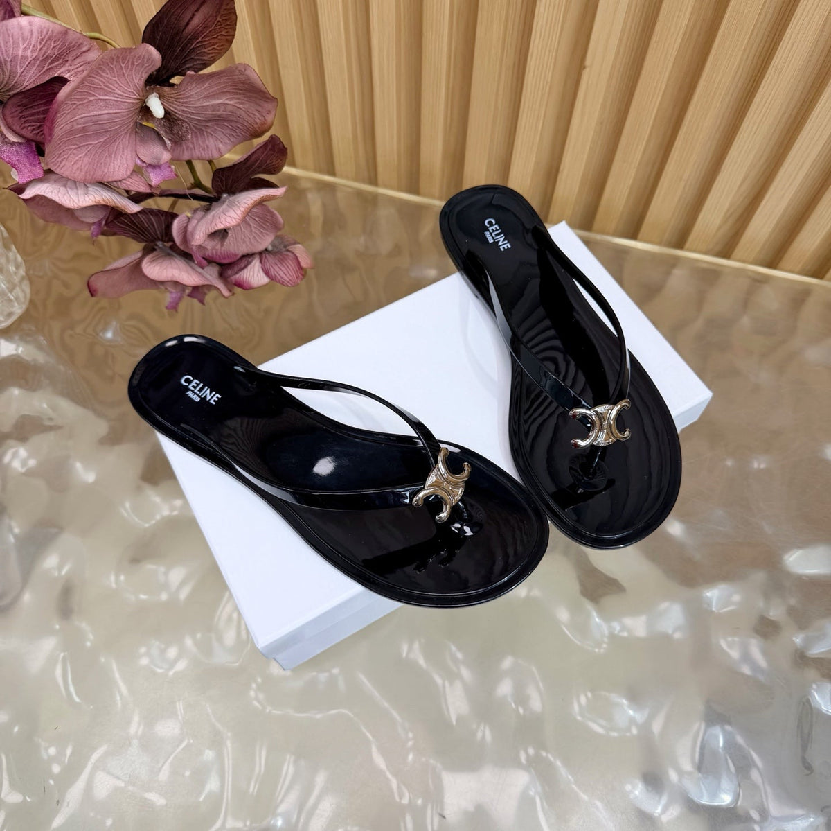 Celine 26s Triomphe Thong Sandals Black TPU Silver Hardware 836154