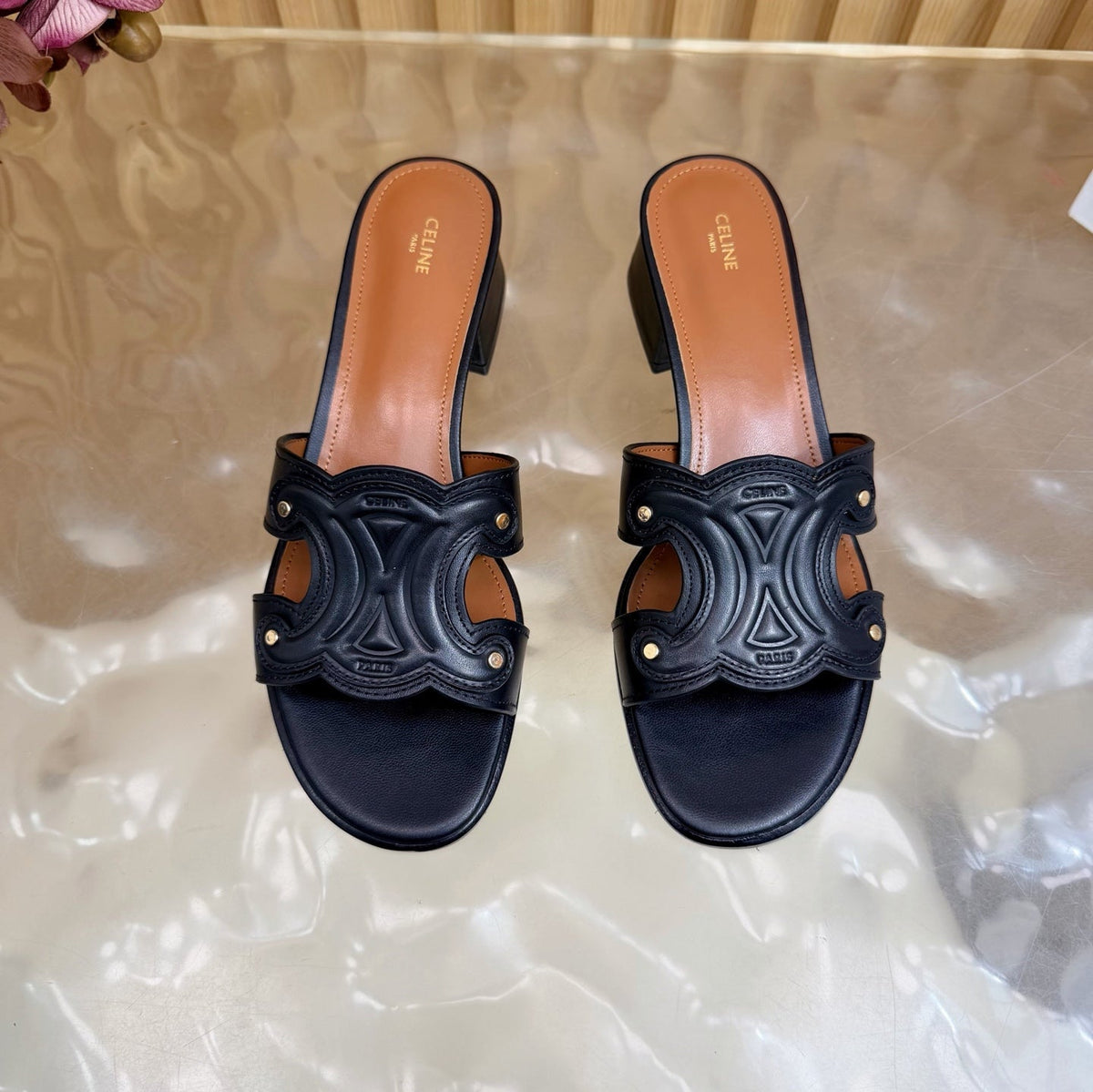Celine 26s Triomphe Block Heel Mules In Navy Black Calfskin