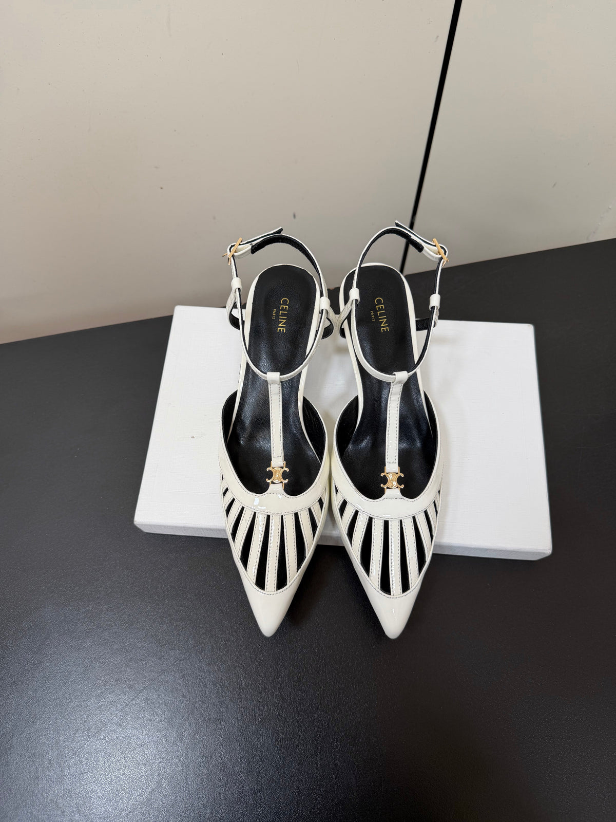 Celine 26s Triomphe T-Strap Slingback Pumps In White Patent Calfskin