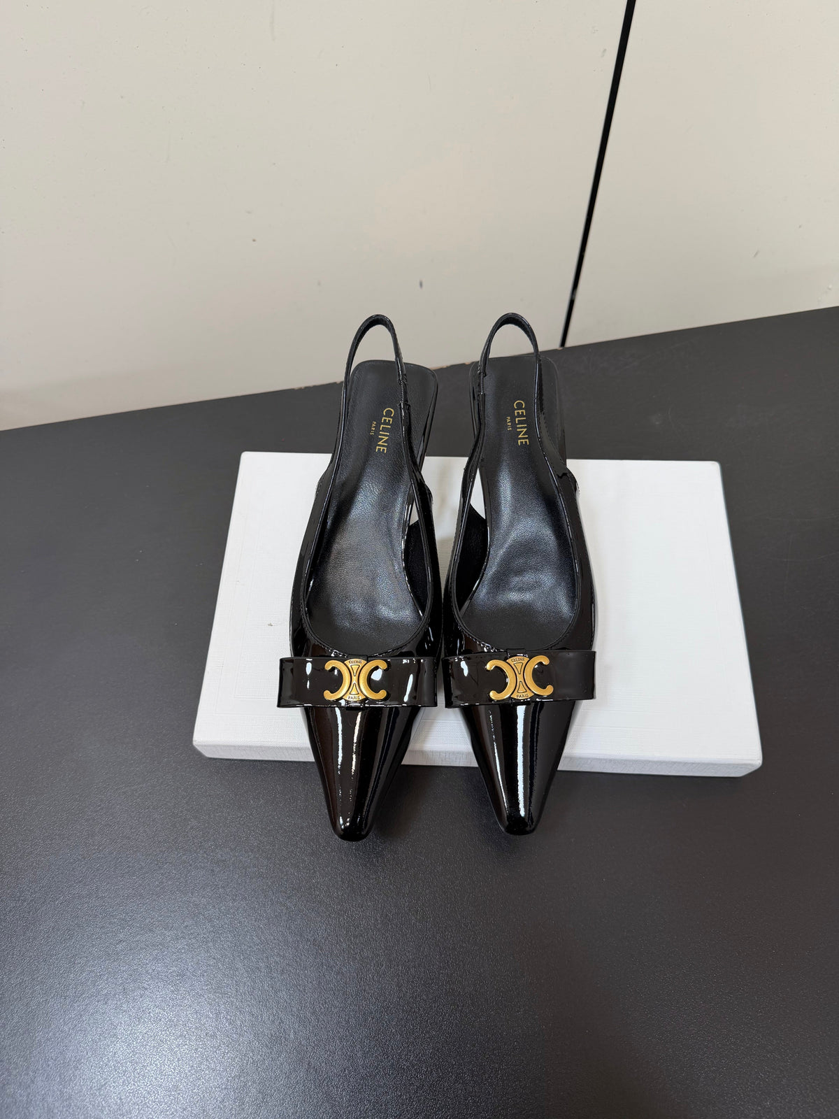 Celine 26s Triomphe Slingback Pumps In Black Patent Calfskin Gold Hardware