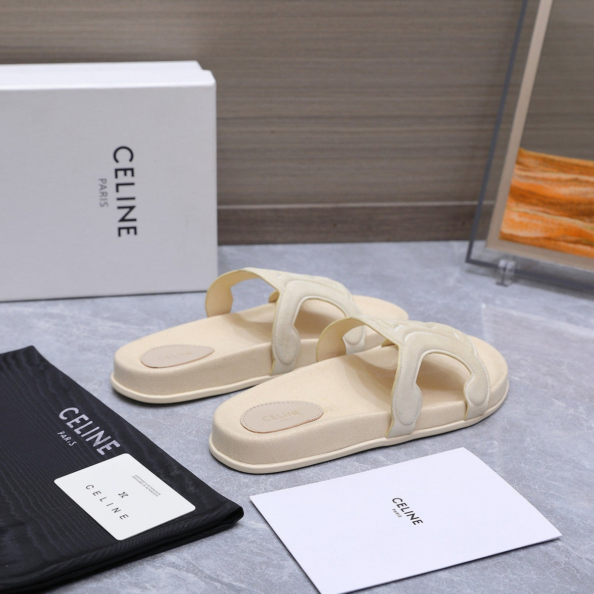 Celine 26s Triomphe Slides Cream White Suede 247058