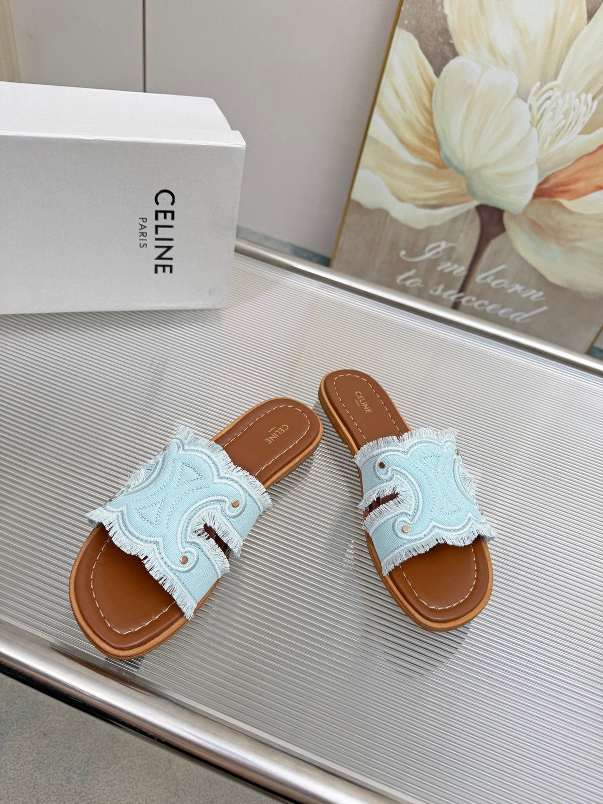 Celine 26s Triomphe Slide Sandals Sky Blue Canvas 514279