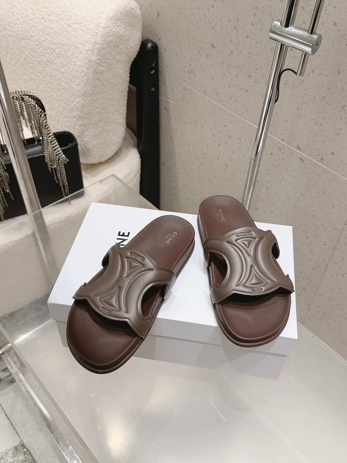 Celine 26s Triomphe Slides Dark Brown Calfskin 629471
