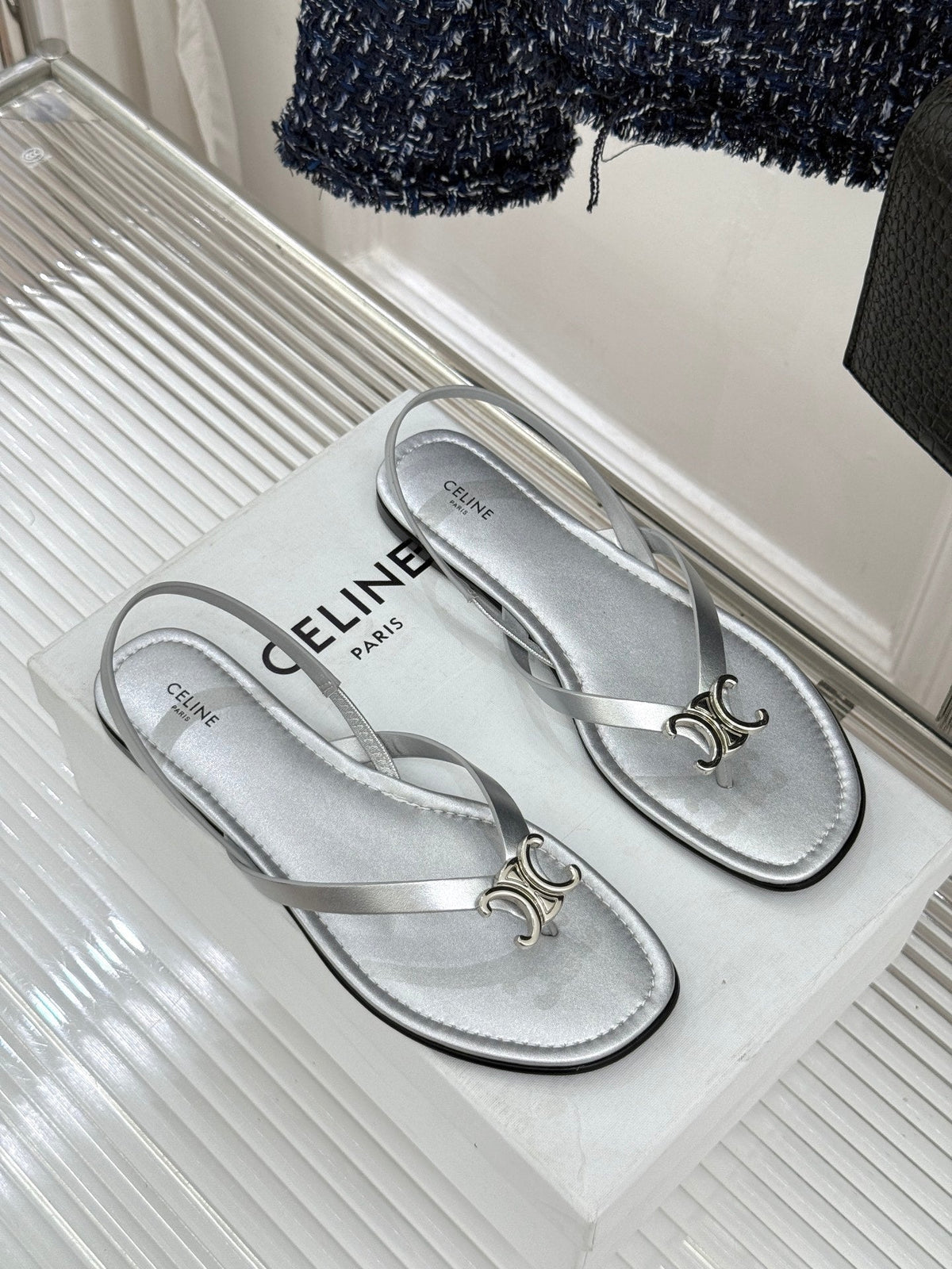 Celine 26s Thong Sandals Silver Calfskin 416283