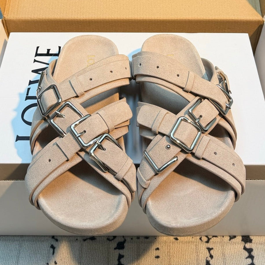 Loewe 2026 Cross-Strap Buckle Flat Sandals Suede Leather 116226