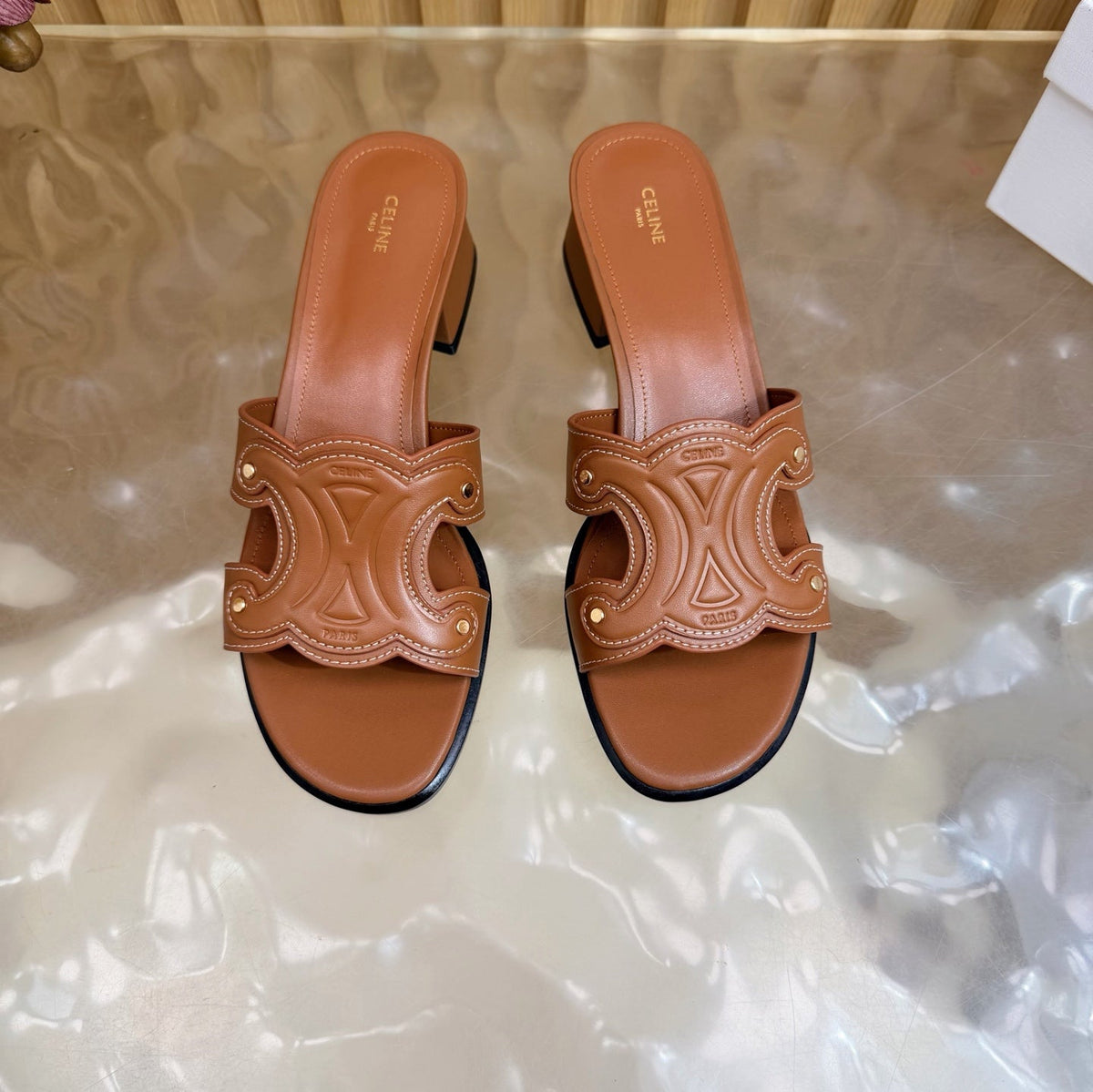 Celine 26s Triomphe Block Heel Mules In Cognac Brown Calfskin