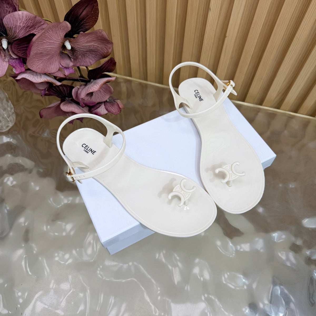 Celine 26s Triomphe Jelly Thong Sandals White TPU Gold Hardware 681427