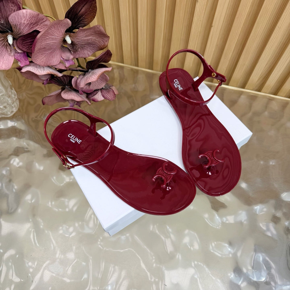 Celine 26s Triomphe Jelly Thong Sandals Burgundy Red TPU Gold Hardware 835219