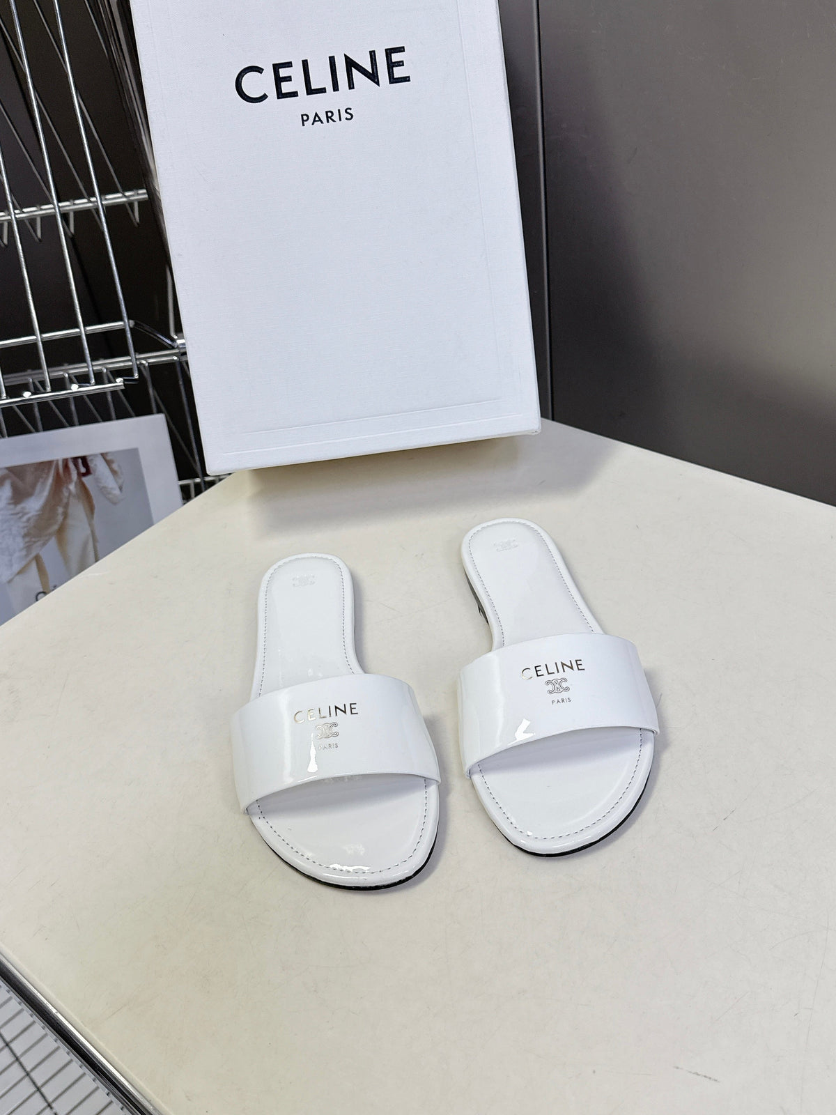 Celine 26s Flat Slides White Patent Lambskin 739512