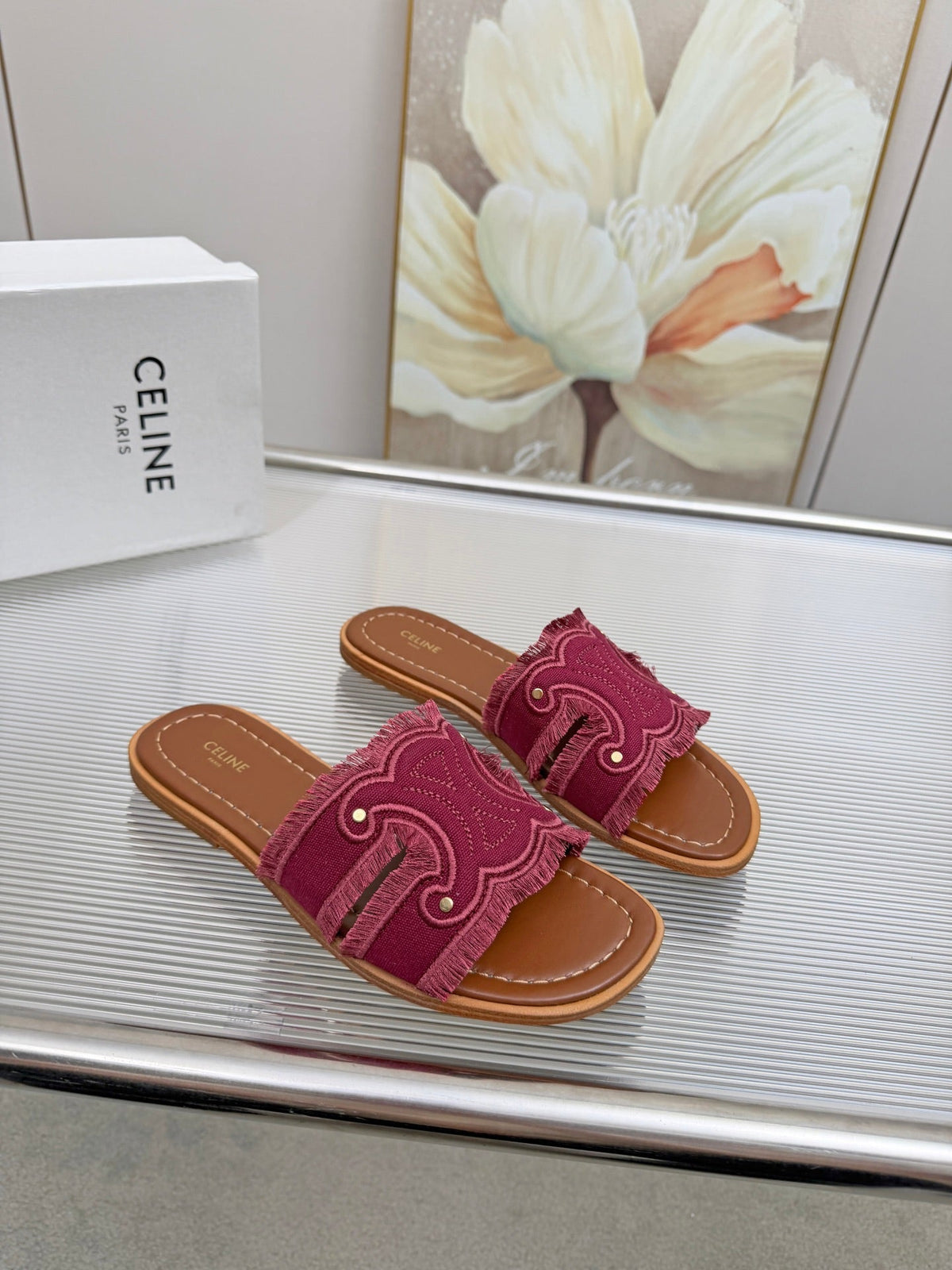 Celine 26s Triomphe Slide Sandals Berry Pink Canvas 415832