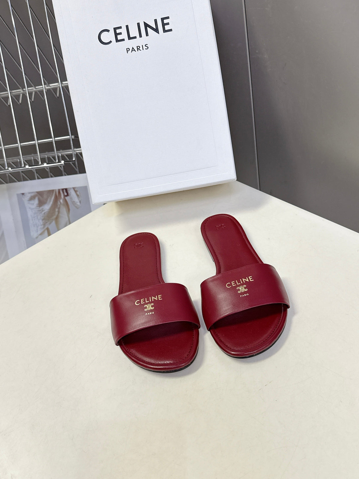 Celine 26s Flat Slides Burgundy Red Lambskin 928351