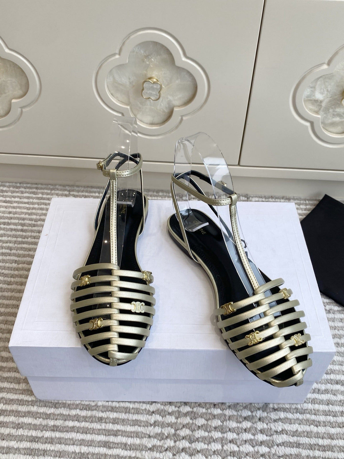 Celine 26s Clea Triomphe Gladiator Sandals Champagne Gold Lambskin 735106