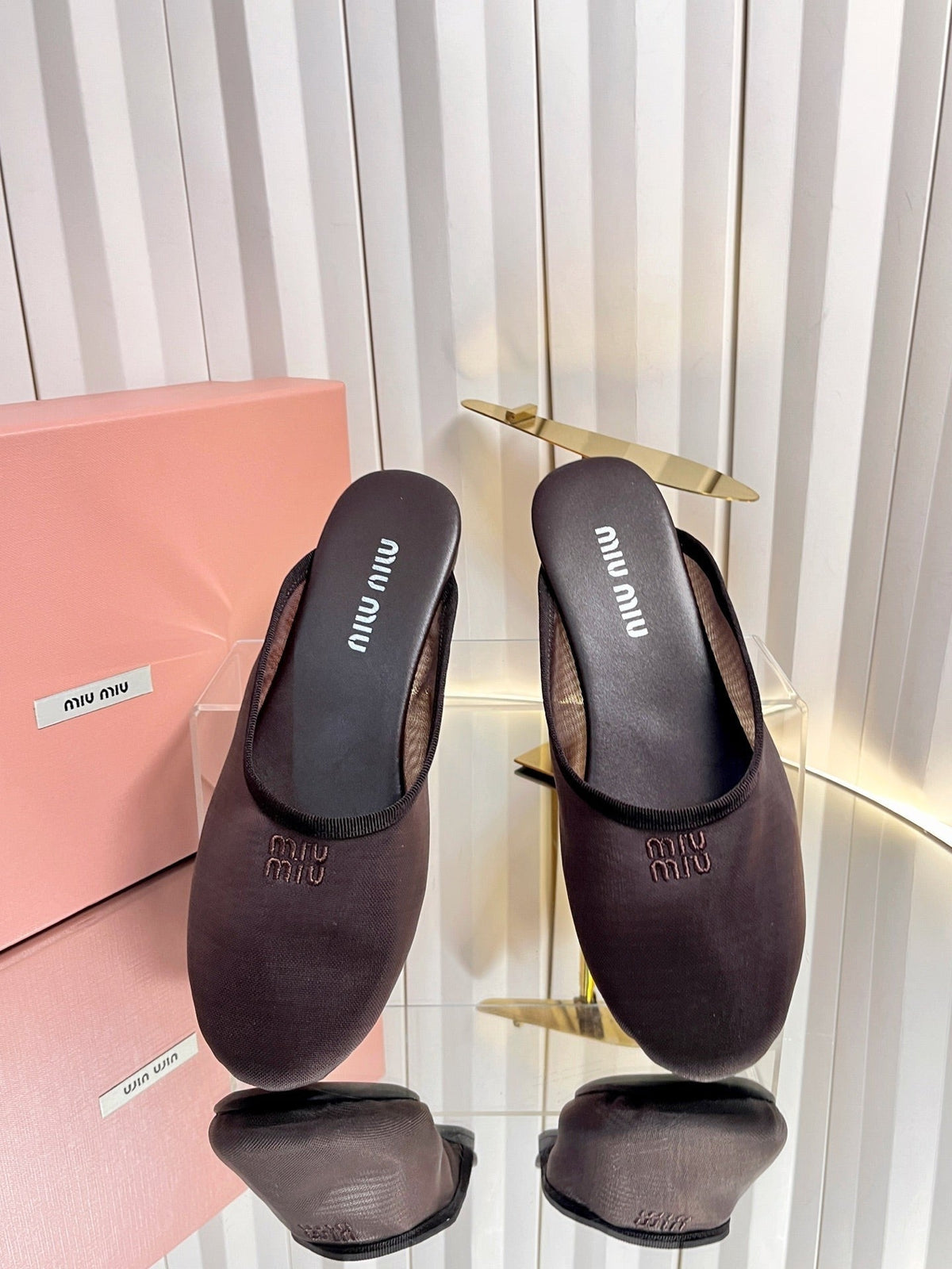 Miumiu 26S Flat Mules Chocolate Brown Fabric And Leather