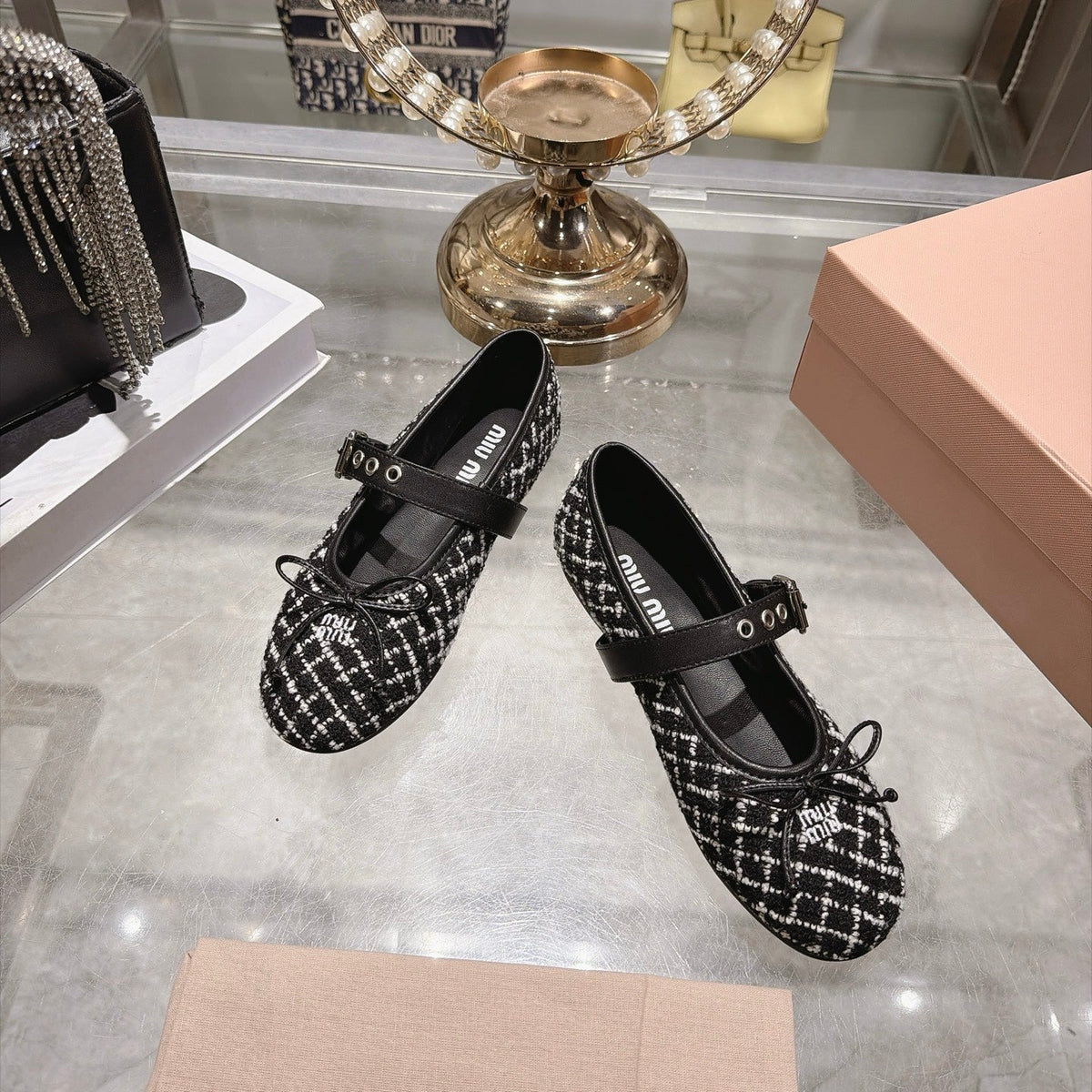 Miumiu 26S Mary Jane Flats Black And White Tweed Fabric