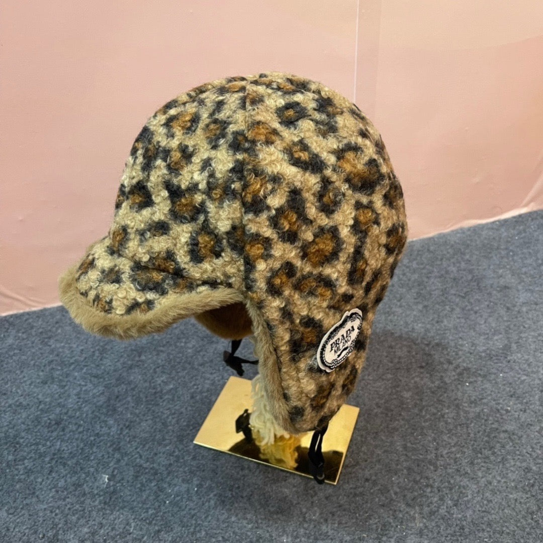 Prad 26FW Leopard Print Faux Fur Trapper Hat Ear Flaps Logo Patch