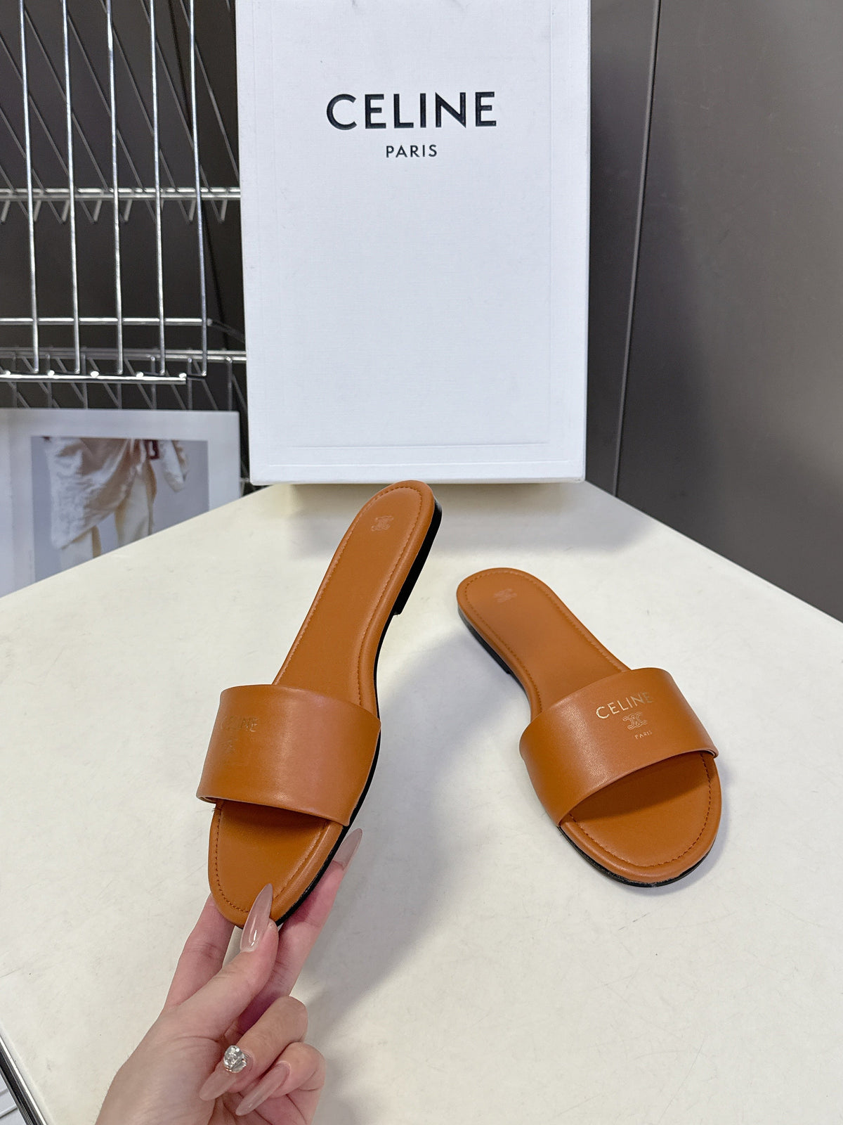 Celine 26s Flat Slides Tan Brown Lambskin 418296