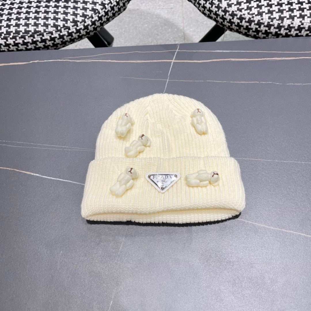 Prad 26FW Double-Layer Knit Beanie Bear Design Knitted Wool 552005