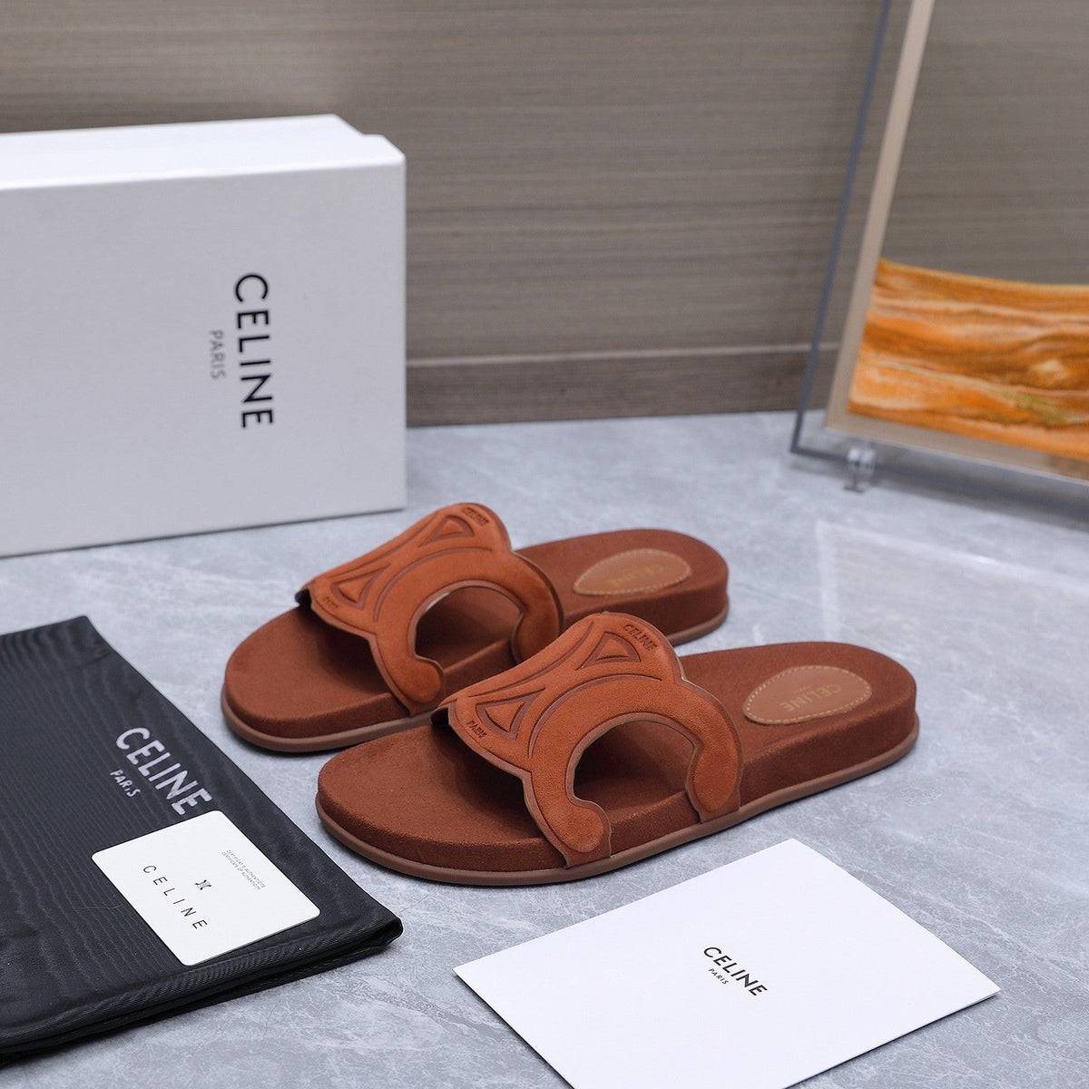 Celine 26s Triomphe Slides Cognac Brown Suede 915403