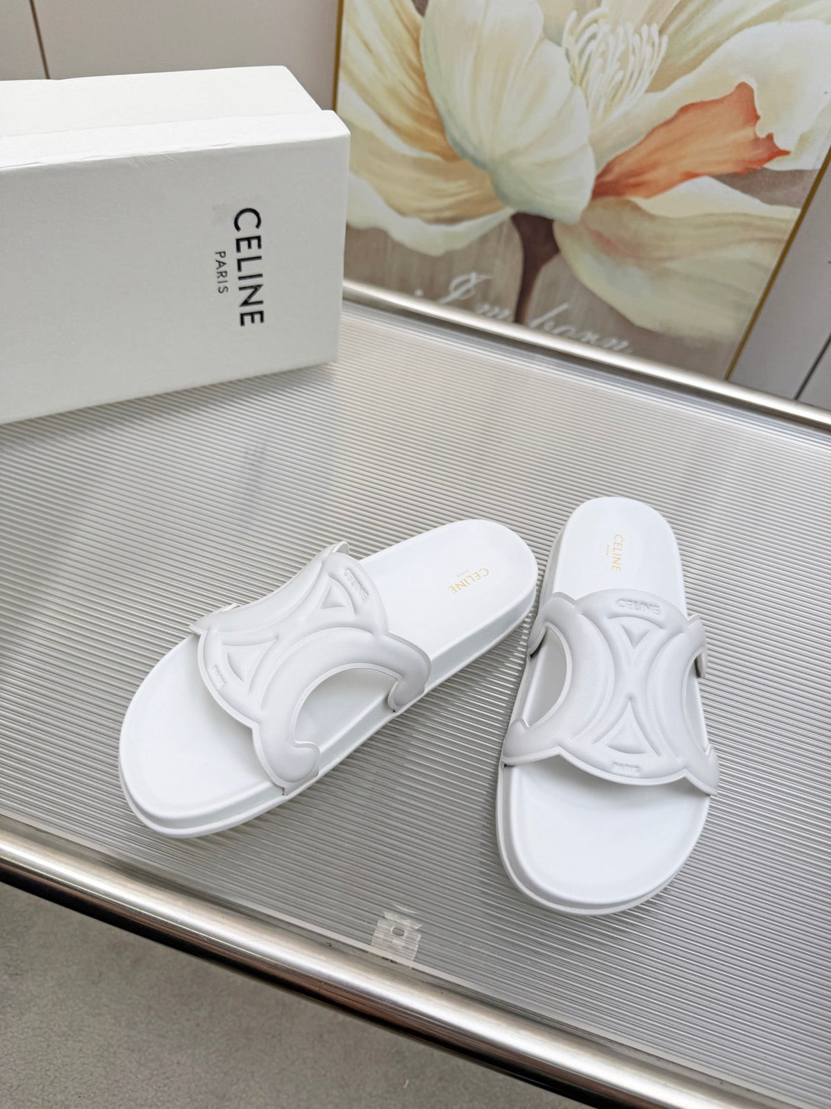 Celine 26s Triomphe Slides White Calfskin 843921