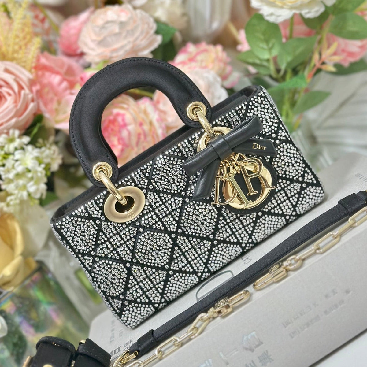 Dior 2026 Mini Lady Dior Bag Black Cannage Satin and Strass 405668
