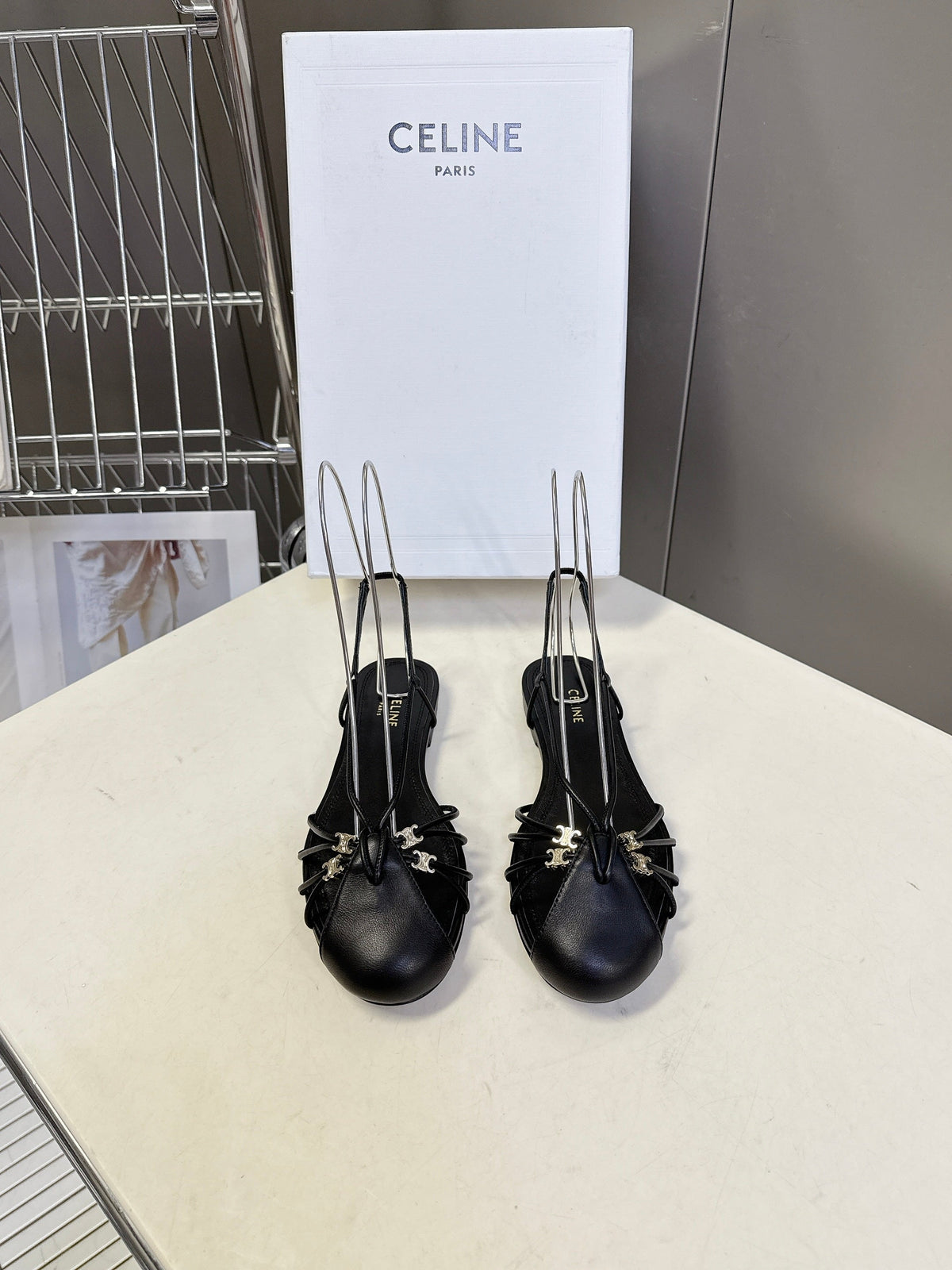 Celine 26s Triomphe Lace Up Ankle Strap Flat Sandals Black Calfskin 416952