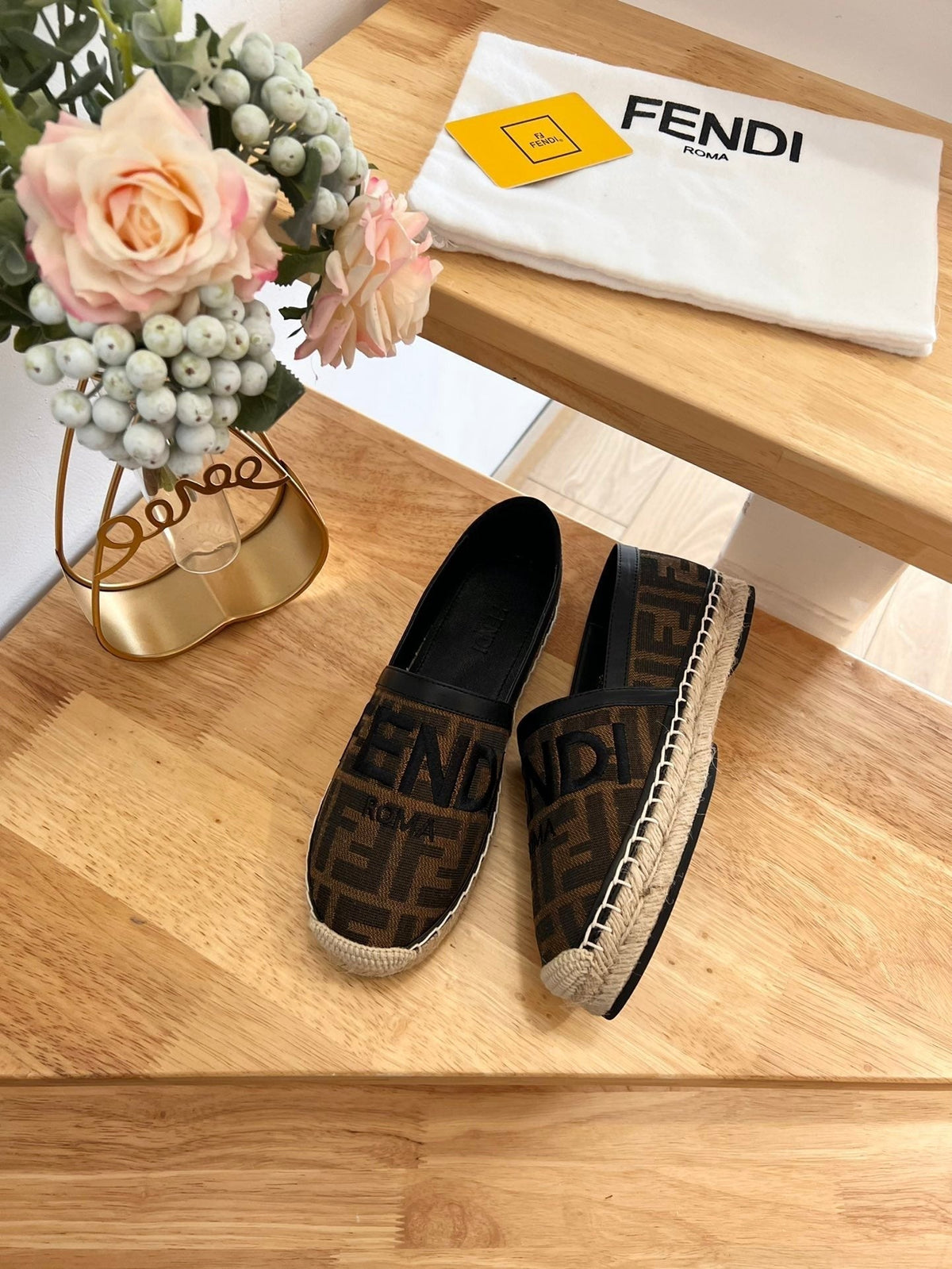 Fendi 26S Espadrille Loafers Dark Brown And Black Canvas Style 1