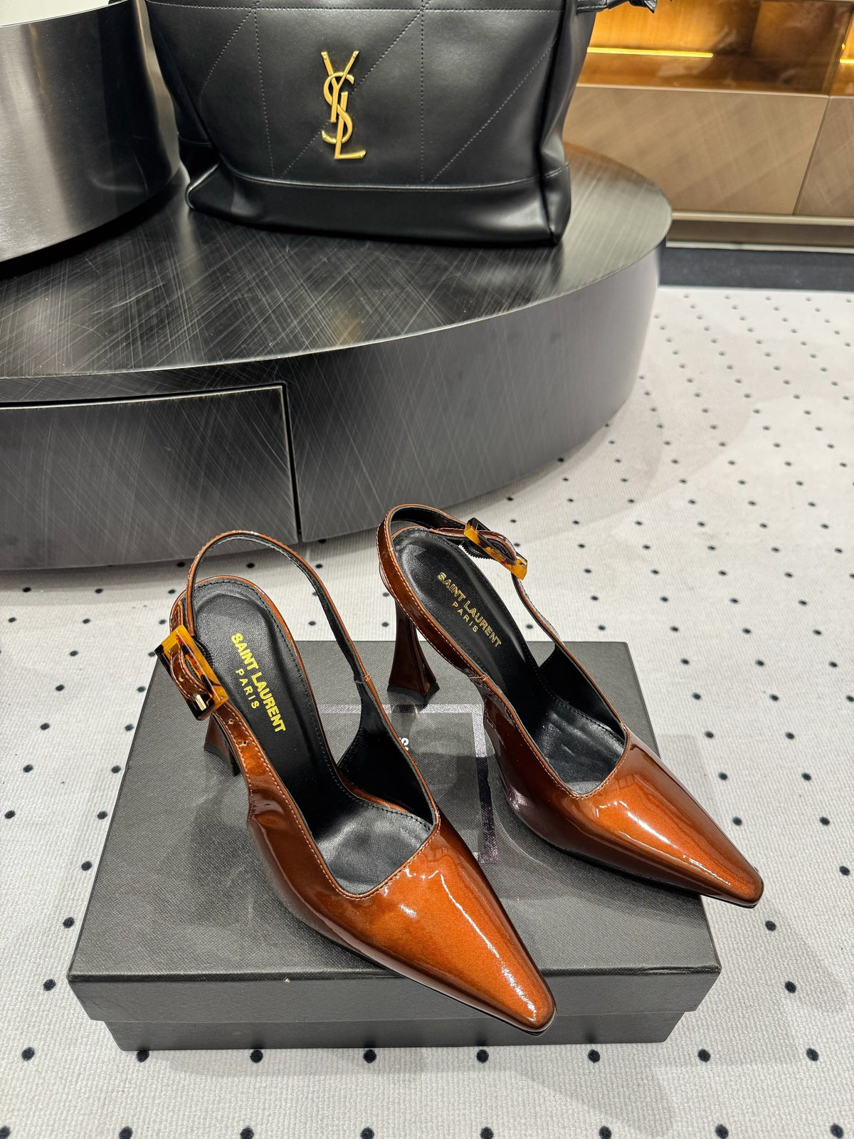 YSL 26S Slingback Heels 10.5cm Black Glossy Calfskin With Buckle Closure