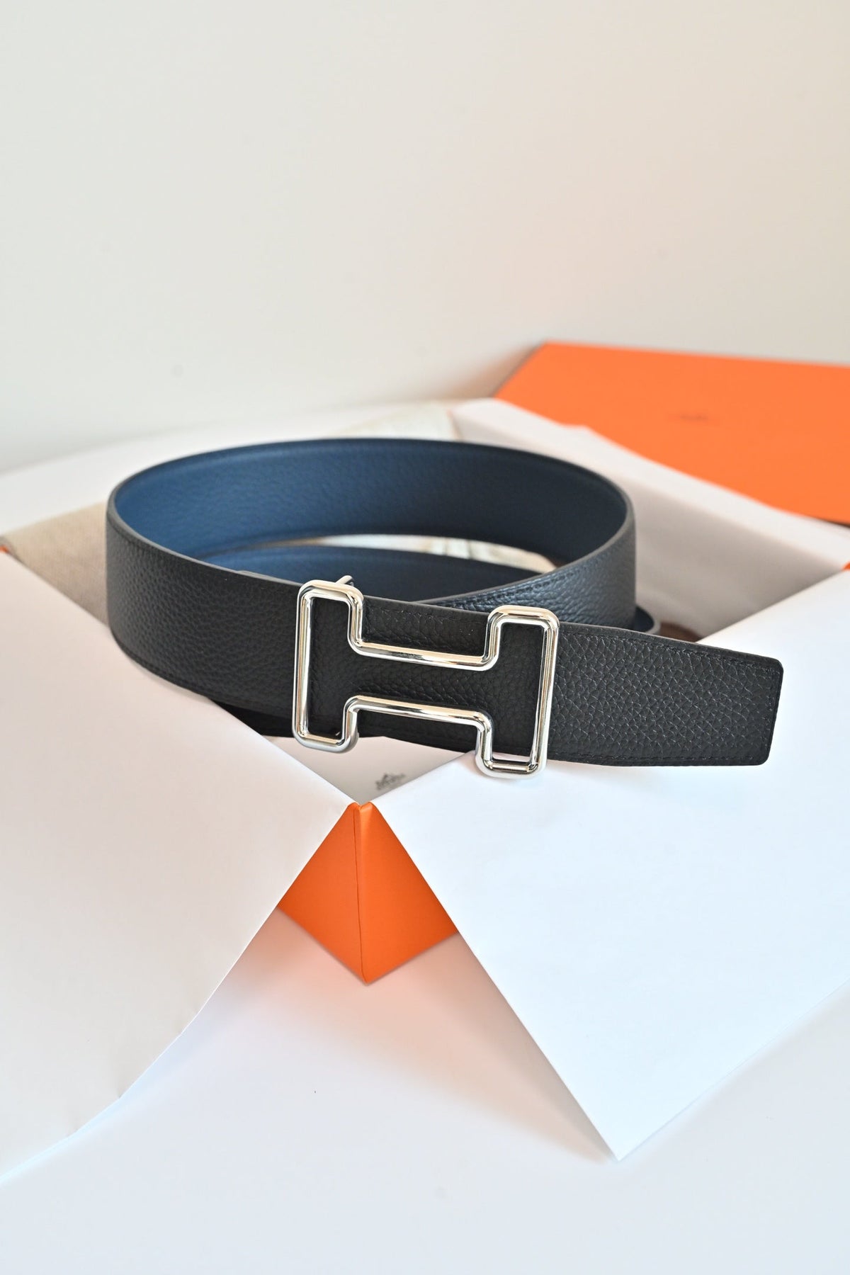 HM 26FW Reversible H Belt 3.8cm Black Rain Cloud Gray Grained Leather 220417