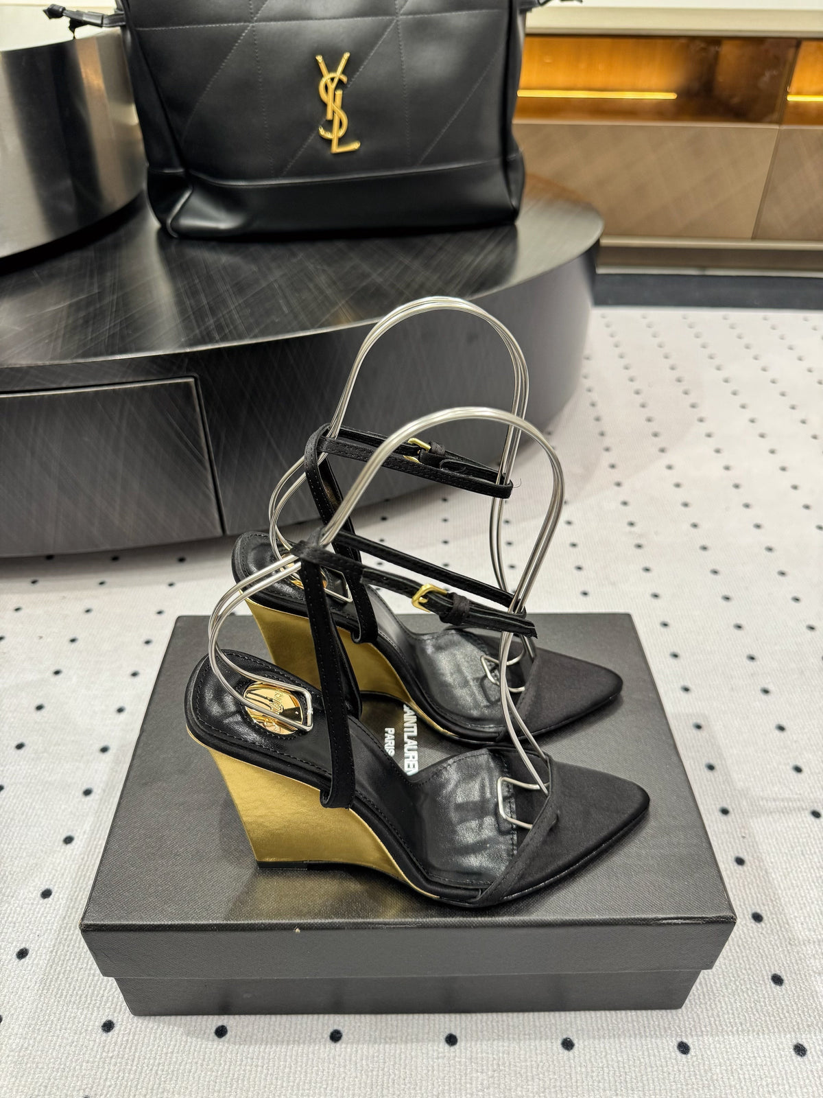 YSL 26S Metal-Capped Wedge Heels 10.5cm Black Satin