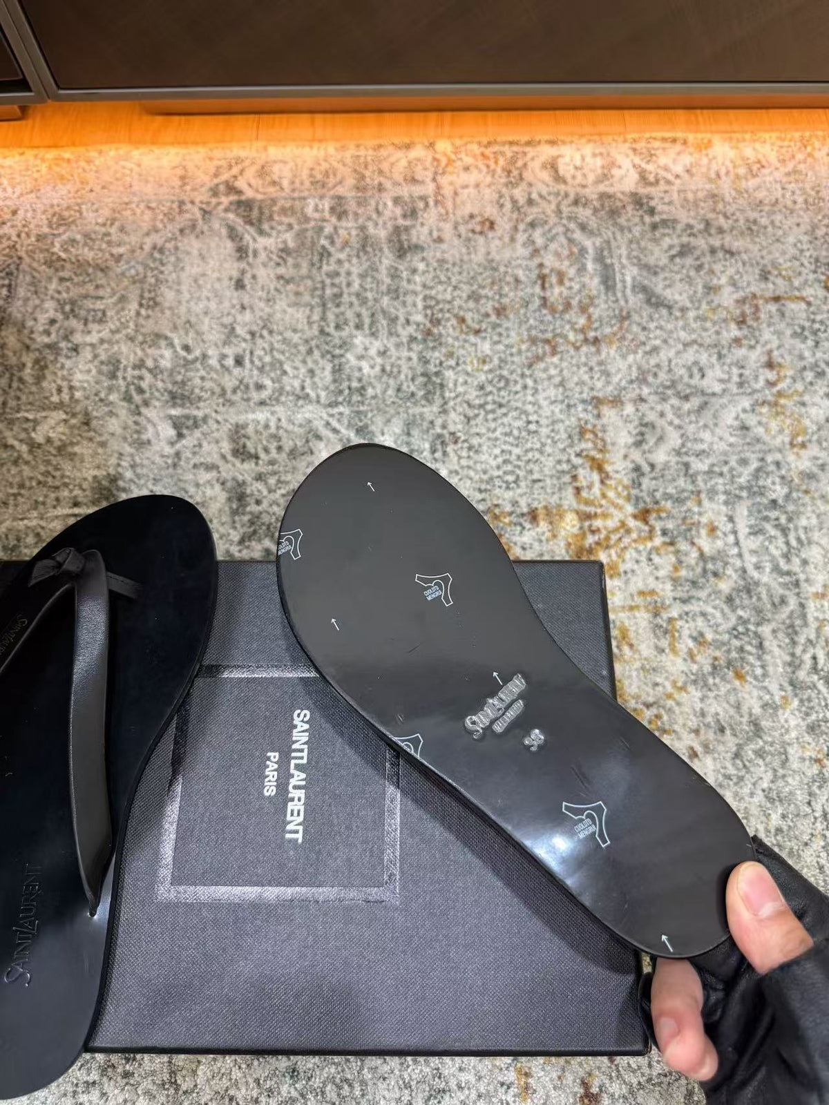 YSL 26S Thong Sandals Black Calfskin 25626