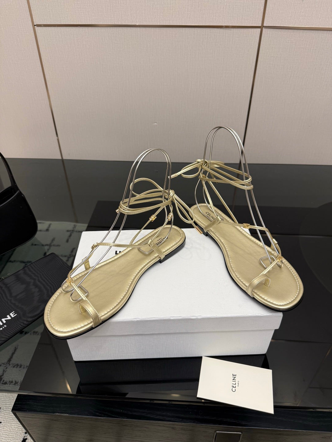 Celine 26s Triomphe Lace Up Flat Sandals Gold Calfskin 538194