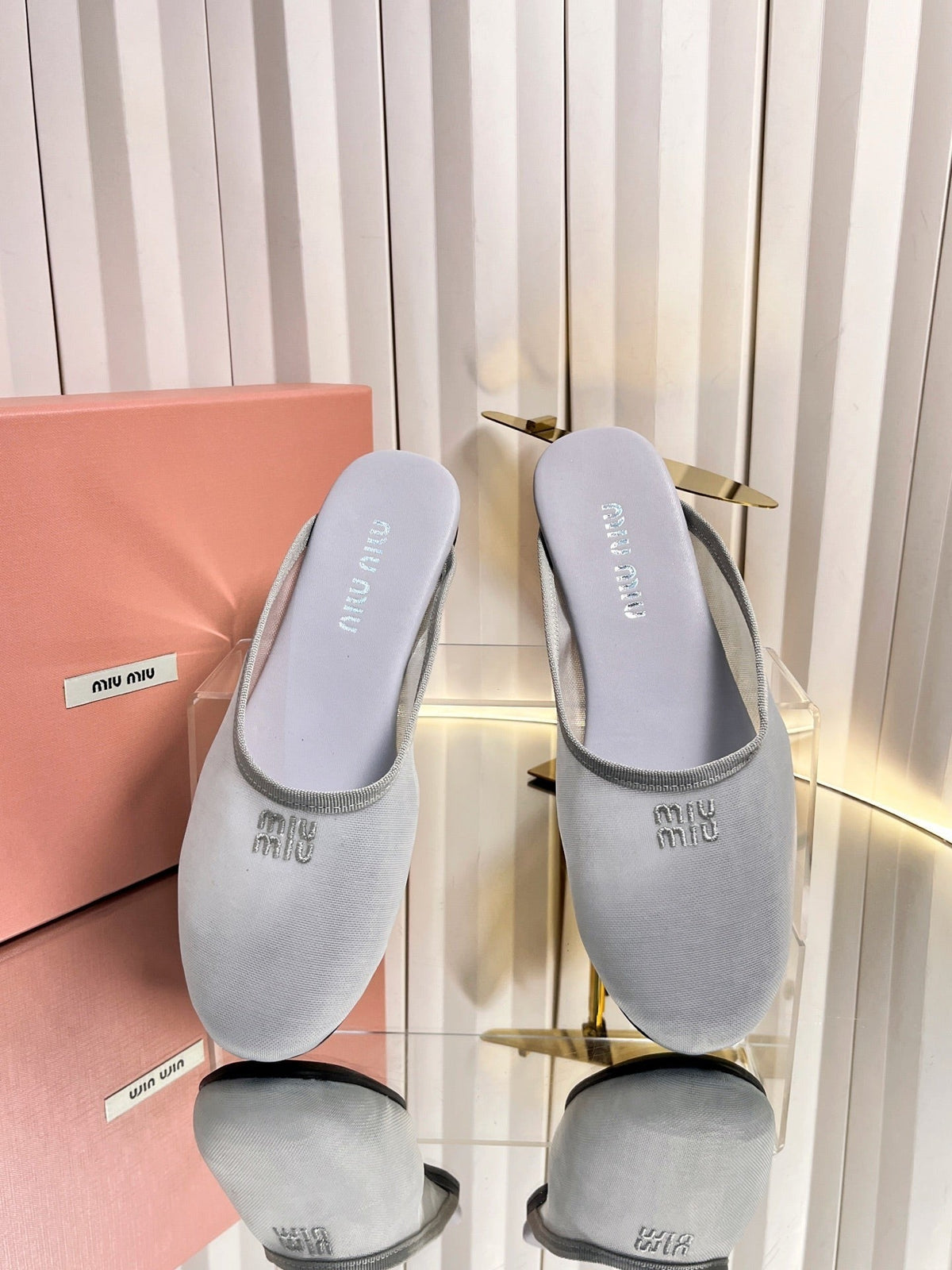 Miumiu 26S Flat Mules Grey Fabric And Leather