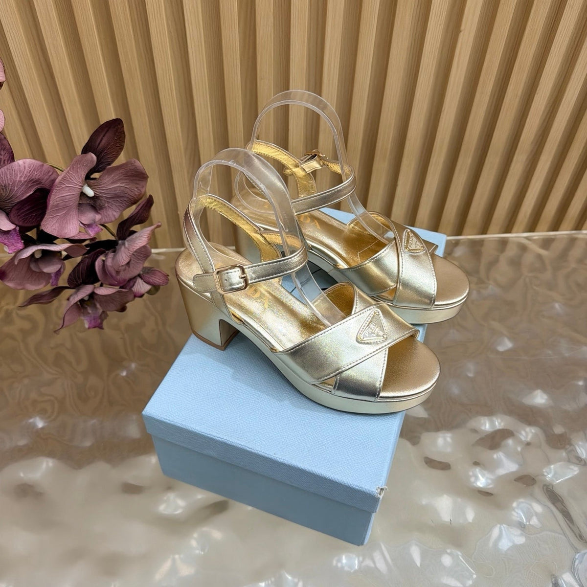 Prada 26S Block Heel Sandals 7.5cm Light Gold Calfskin
