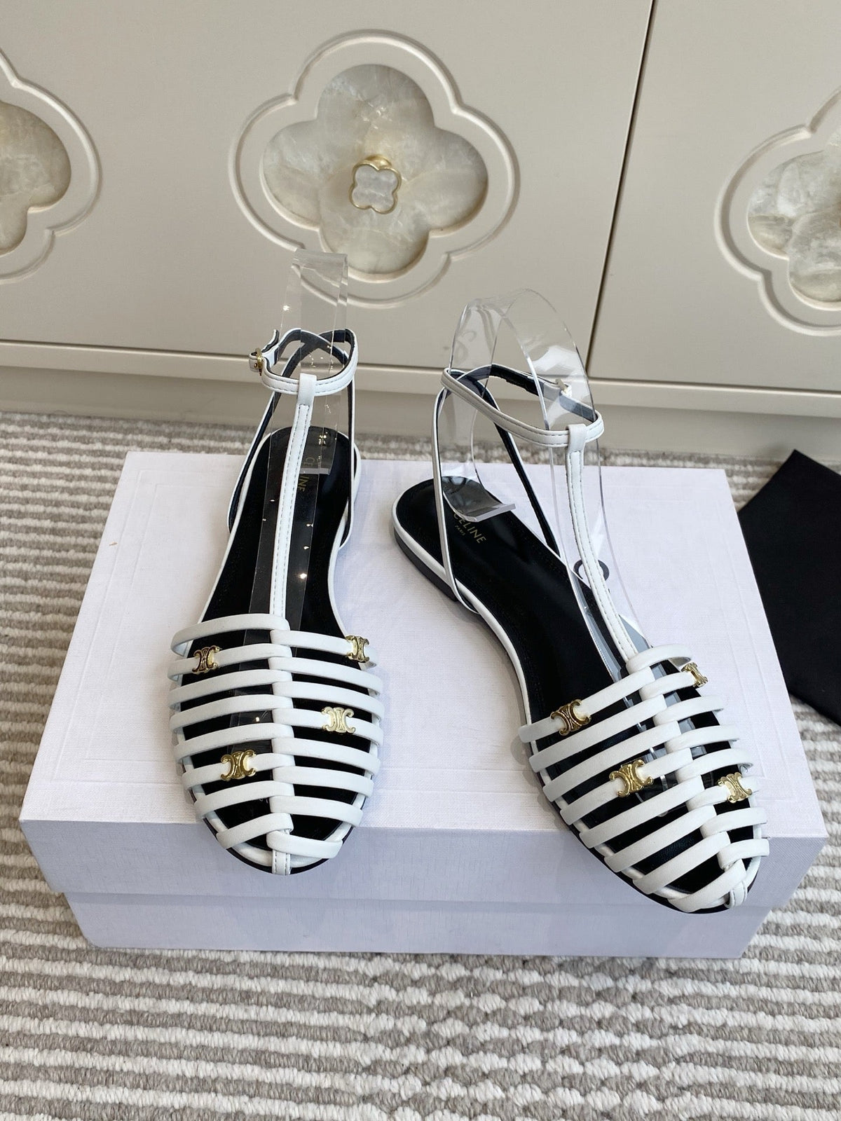Celine 26s Clea Triomphe Gladiator Sandals White Lambskin 481395