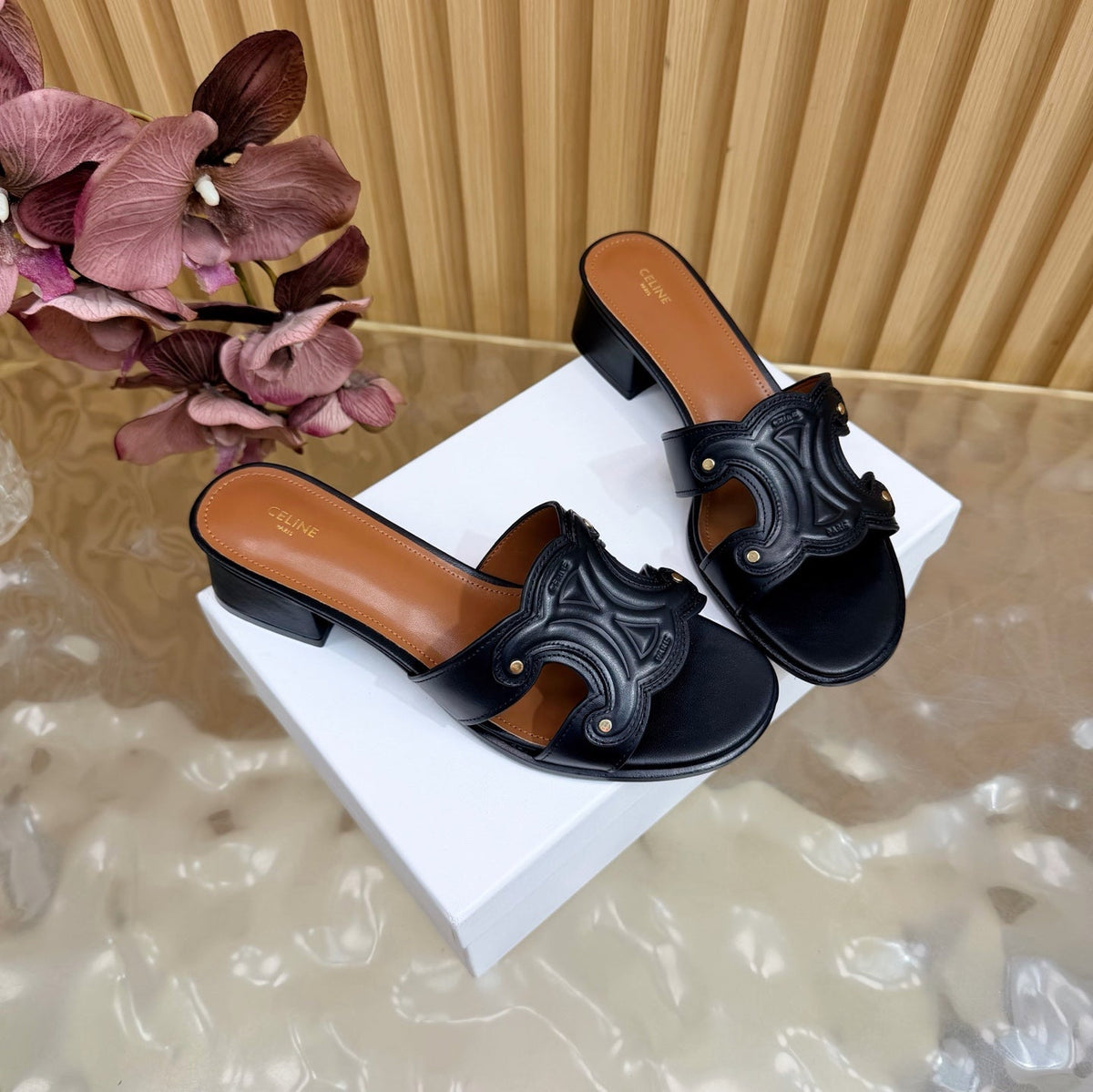 Celine 26s Triomphe Block Heel Mules In Navy Black Calfskin