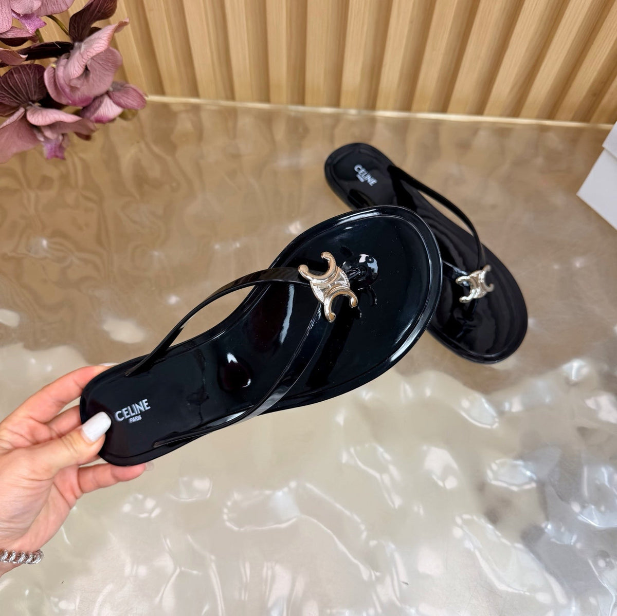 Celine 26s Triomphe Thong Sandals Black TPU Silver Hardware 836154