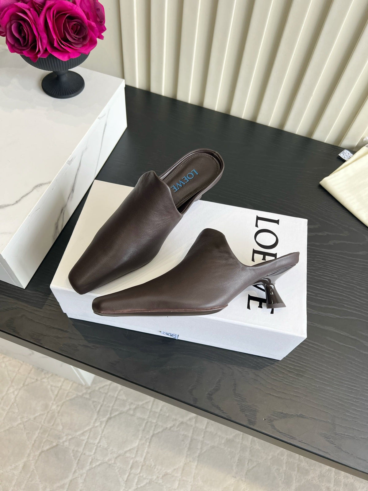 Loewe 26S Heeled Mules In Dark Brown Calfskin