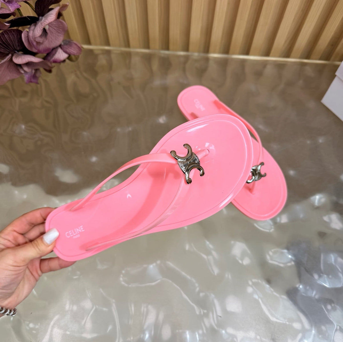 Celine 26s Triomphe Thong Sandals Pink TPU Silver Hardware 158392